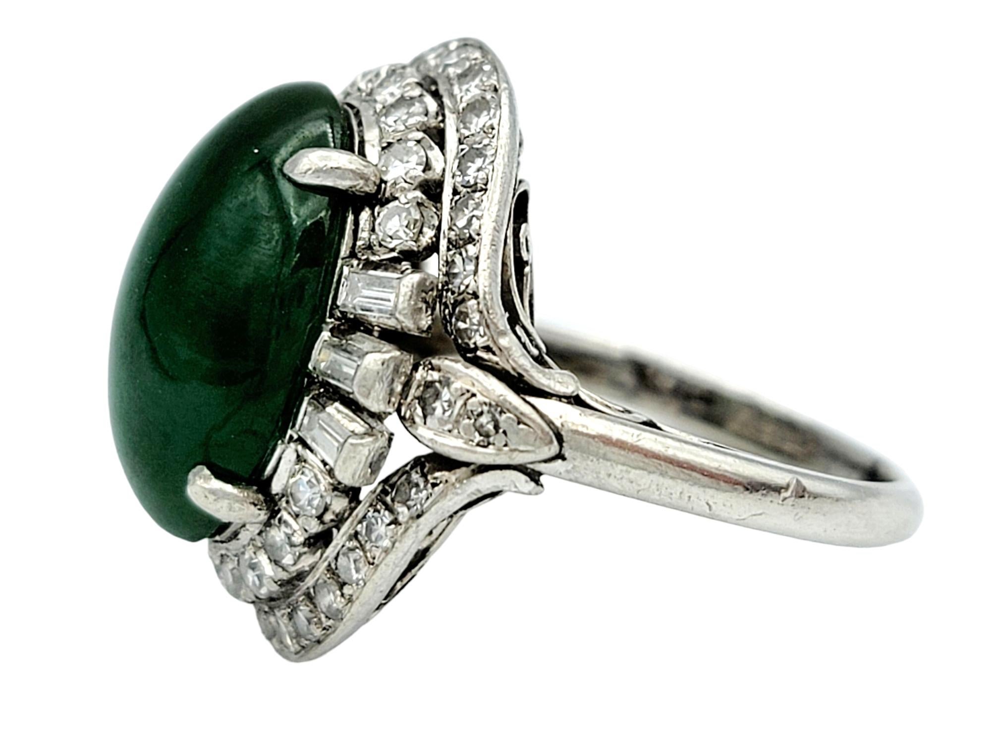 Women's Oval Cabochon Green Jade Cocktail Ring with Double Diamond Halo Set in Platinum For Sale