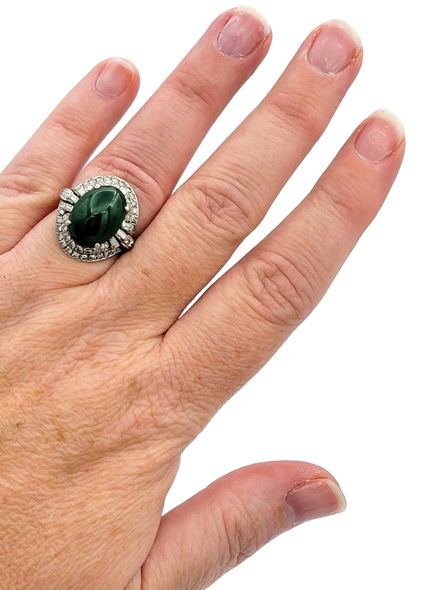 Oval Cabochon Green Jade Cocktail Ring with Double Diamond Halo Set in Platinum For Sale 2