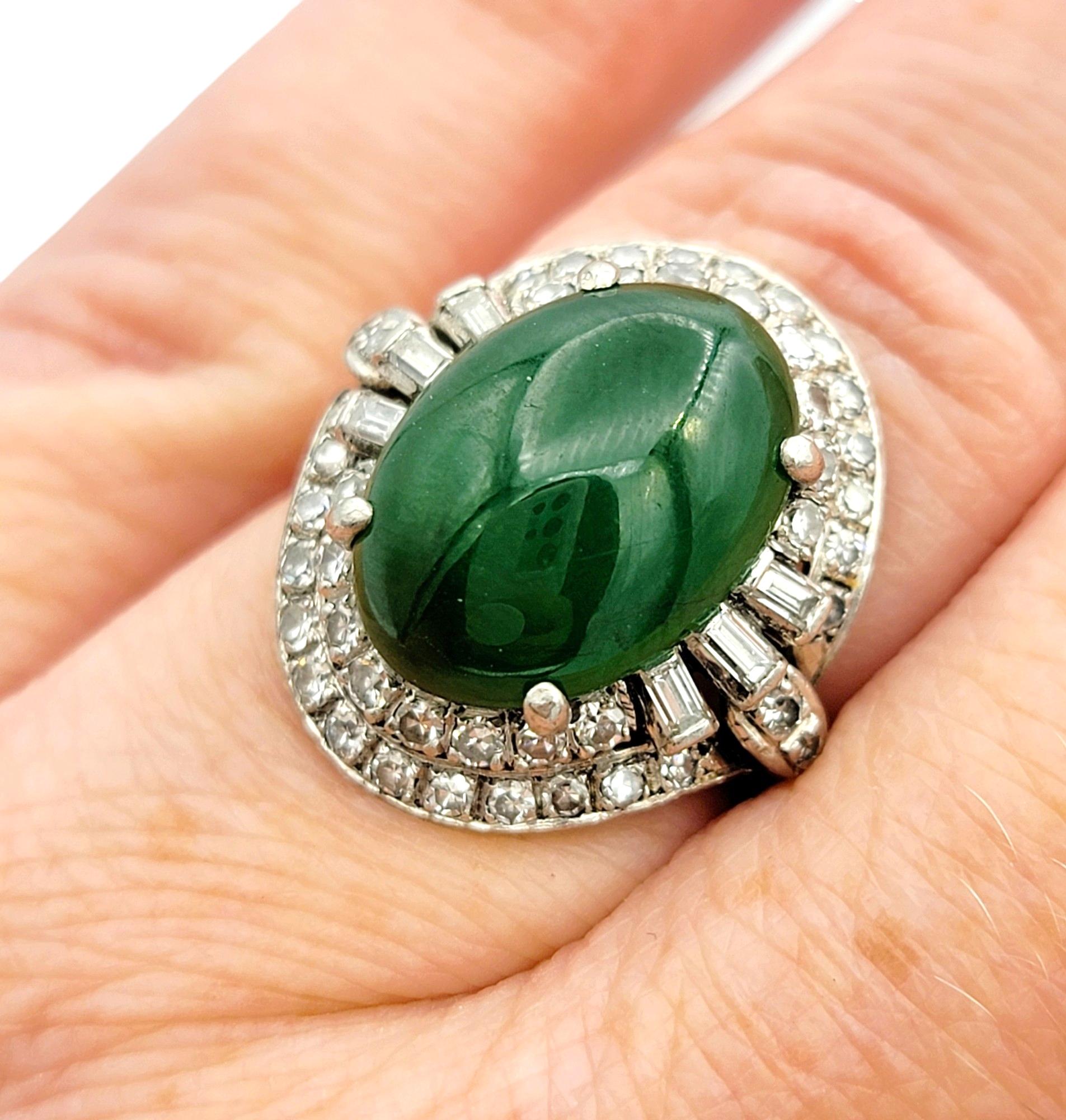 Oval Cabochon Green Jade Cocktail Ring with Double Diamond Halo Set in Platinum For Sale 3