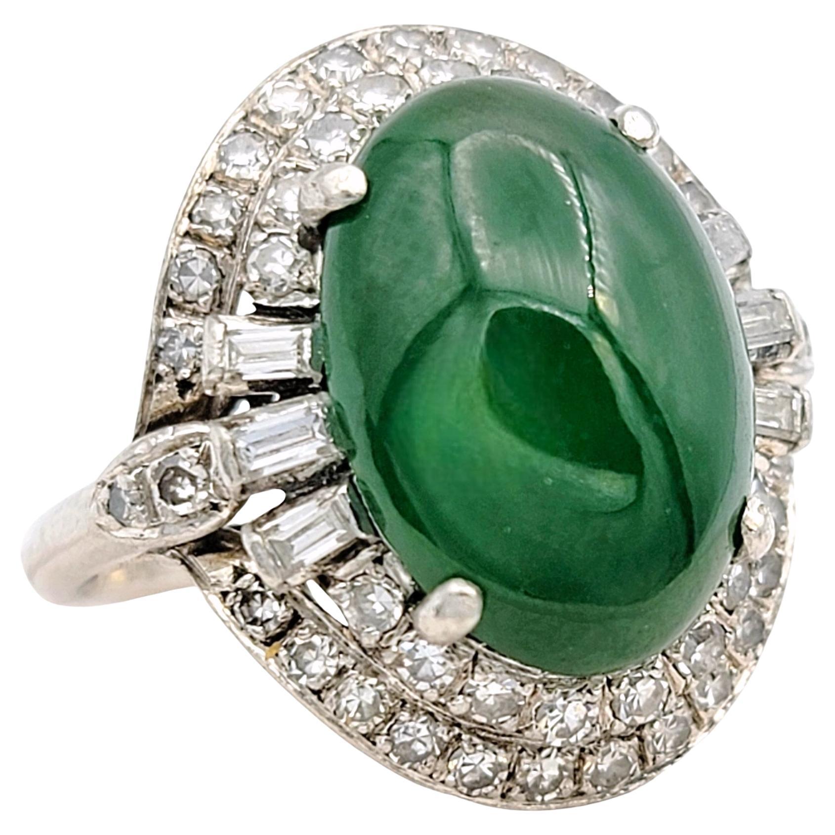 Oval Cabochon Green Jade Cocktail Ring with Double Diamond Halo Set in Platinum