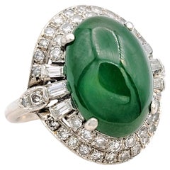 Oval Cabochon Green Jade Cocktail Ring with Double Diamond Halo Set in Platinum