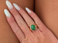 Oval Cabochon Green Jade Diamond Ring 14K Yellow Gold