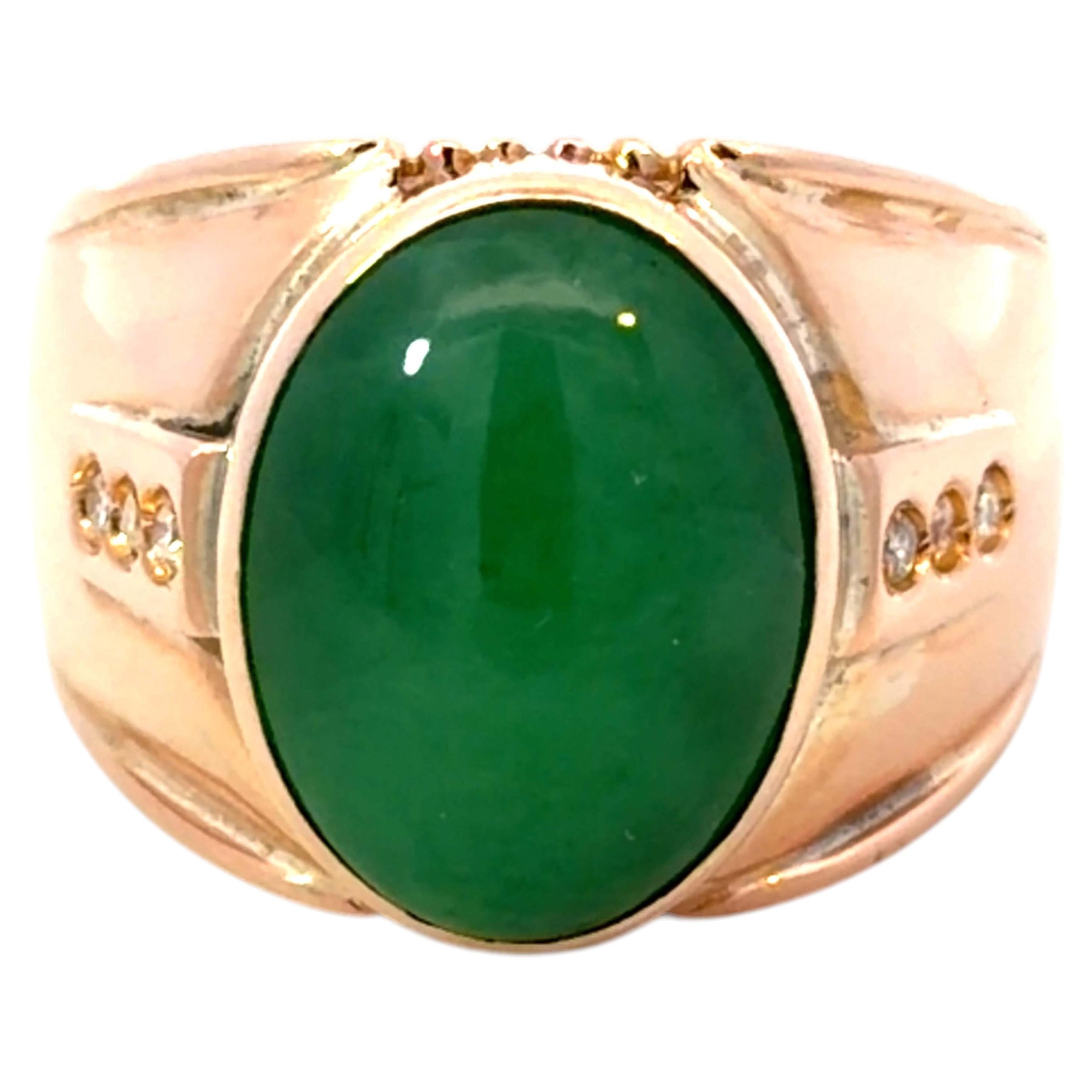 Oval Cabochon Green Jade Diamond Ring 14K Yellow Gold