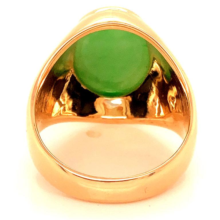 Women's or Men's Oval Cabochon Green Jade Mens Pinky Ring, 14k Yellow Gold
