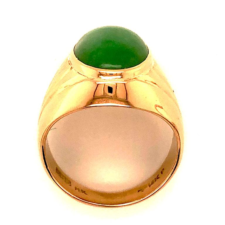 Oval Cabochon Green Jade Mens Pinky Ring, 14k Yellow Gold 1