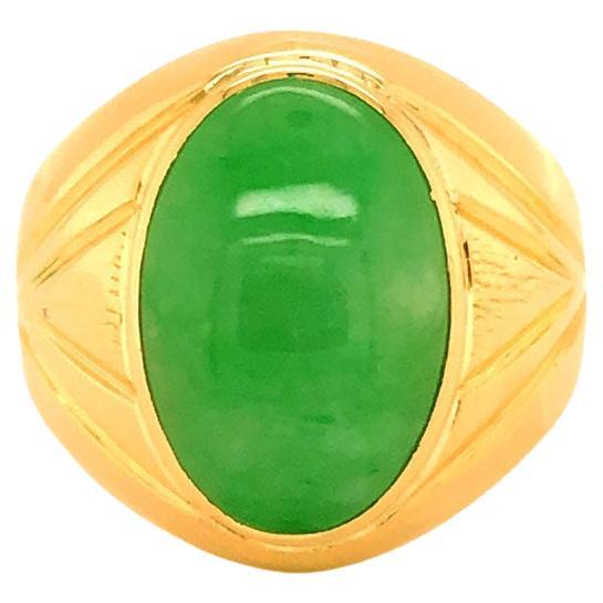 Oval Cabochon Green Jade Mens Pinky Ring, 14k Yellow Gold
