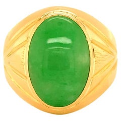 Oval Cabochon Green Jade Mens Pinky Ring, 14k Yellow Gold