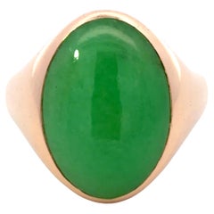 Oval Cabochon Green Jade Ring 14K Yellow Gold Size 12.5