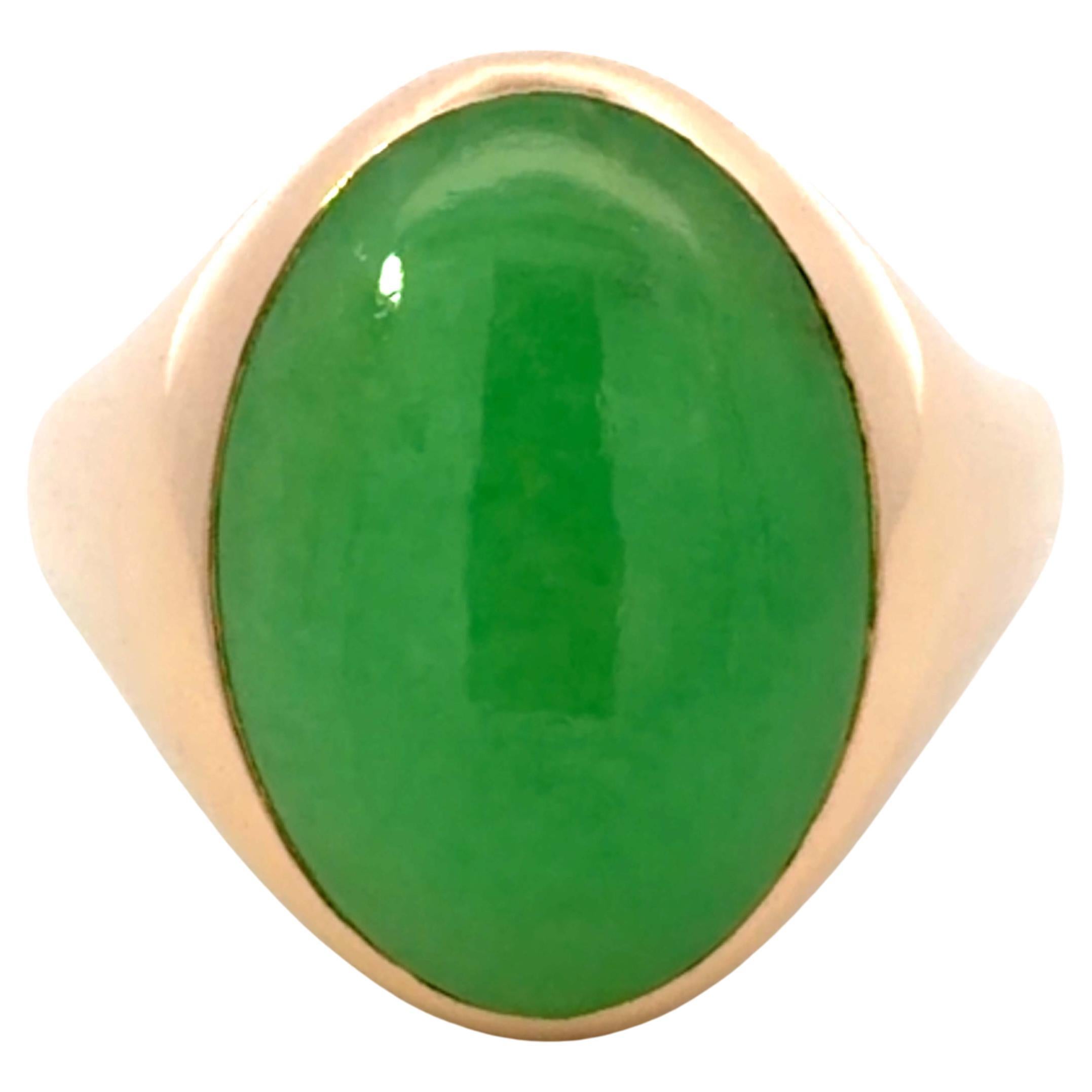 Anello ovale di giada verde cabochon in oro giallo 14K misura 12,5