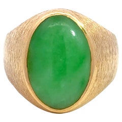 Vintage Oval Cabochon Green Jade Ring Satin Finish 14K Yellow Gold