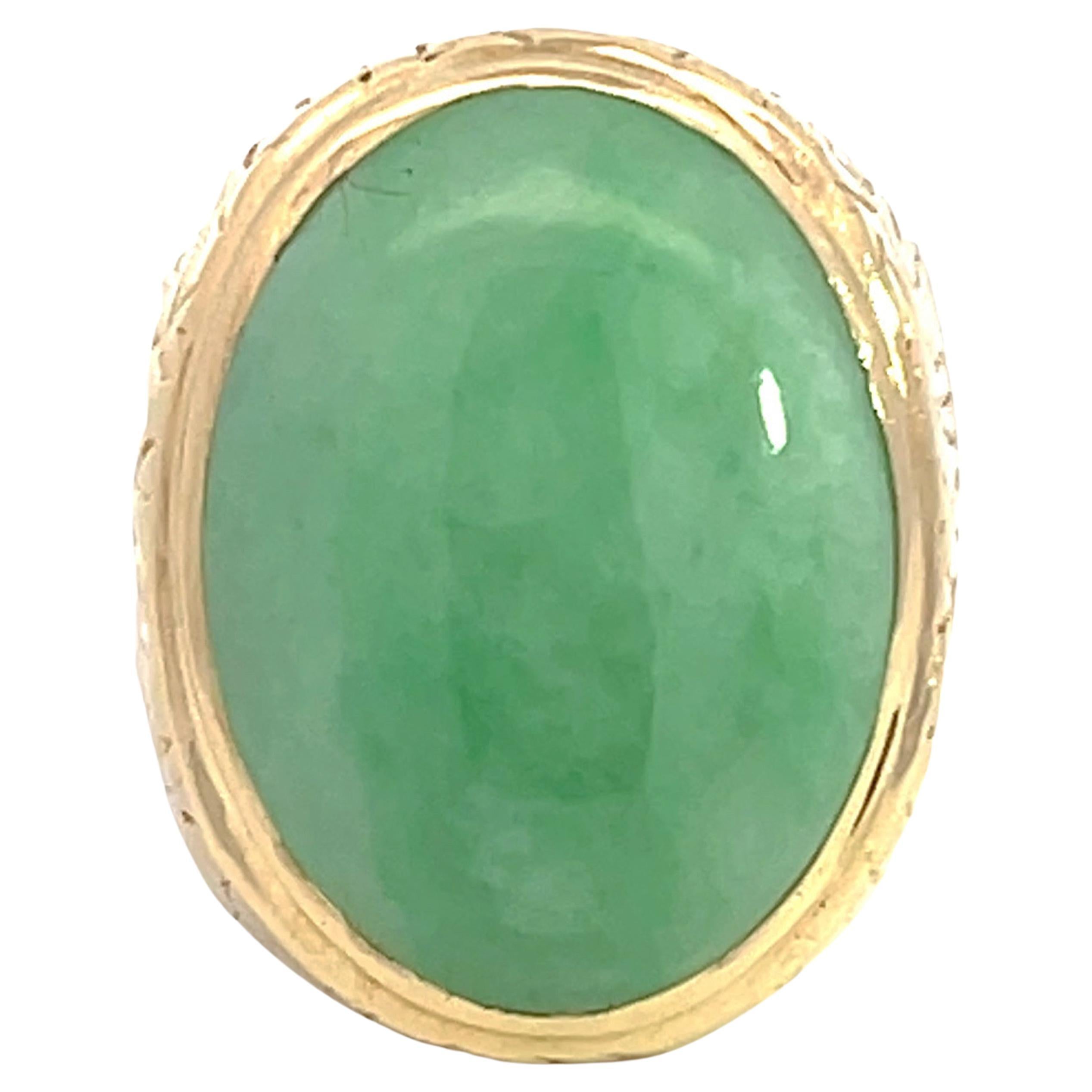 Oval Cabochon Green Jade Ring with Textured Bark Shoulders in 14k Yellow Gold