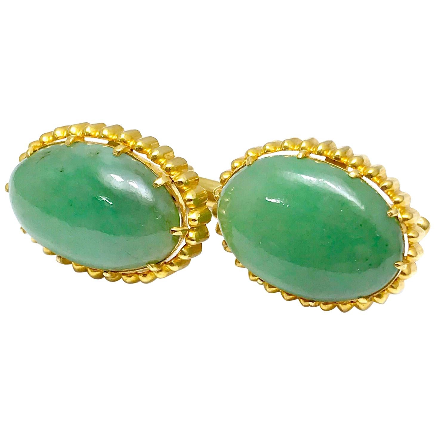 Oval Cabochon Jade and 18 Karat Yellow Gold Cufflink Set For Sale