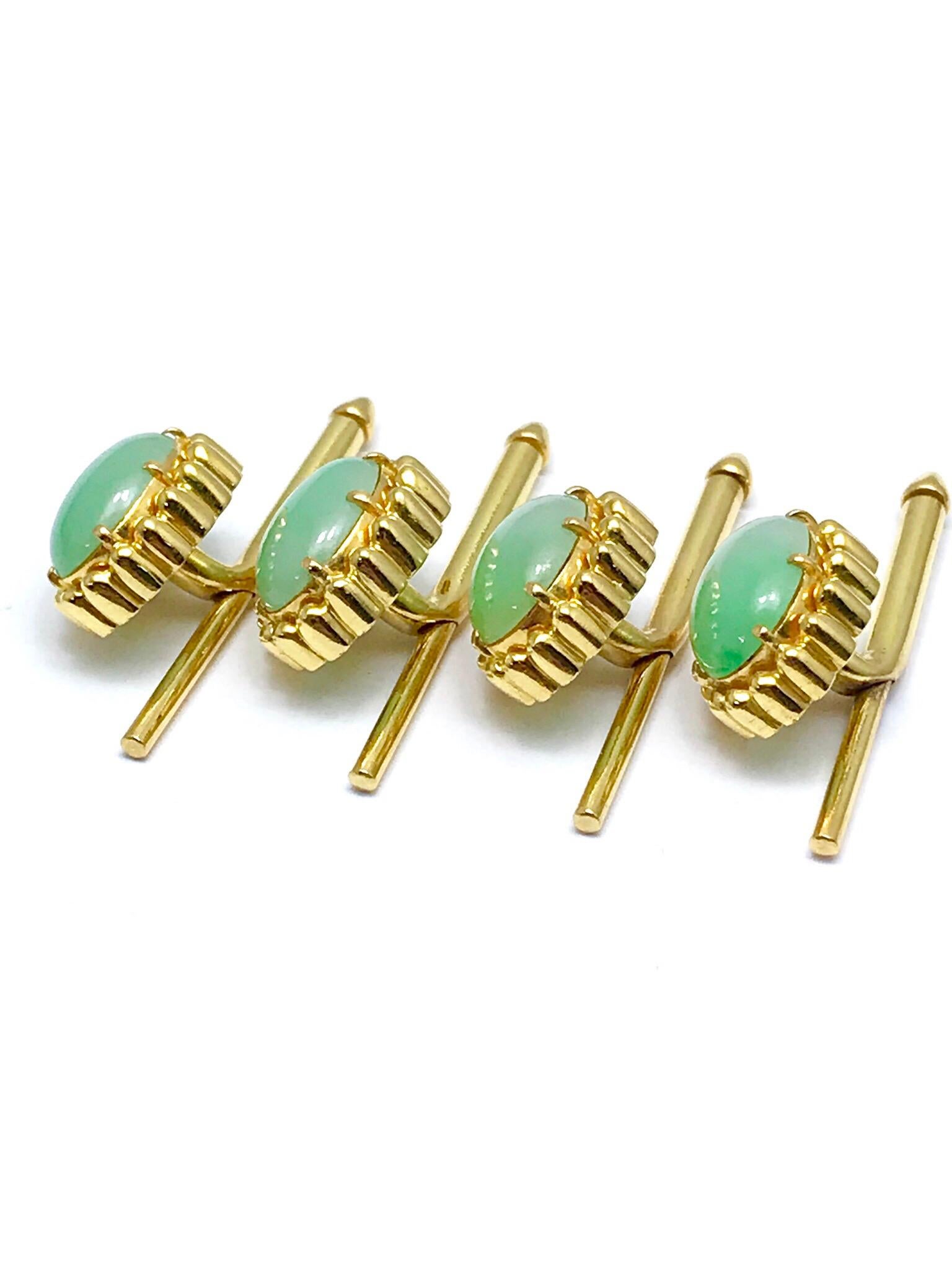 Oval Cut Oval Cabochon Jade and 18 Karat Yellow Gold Stud Set For Sale