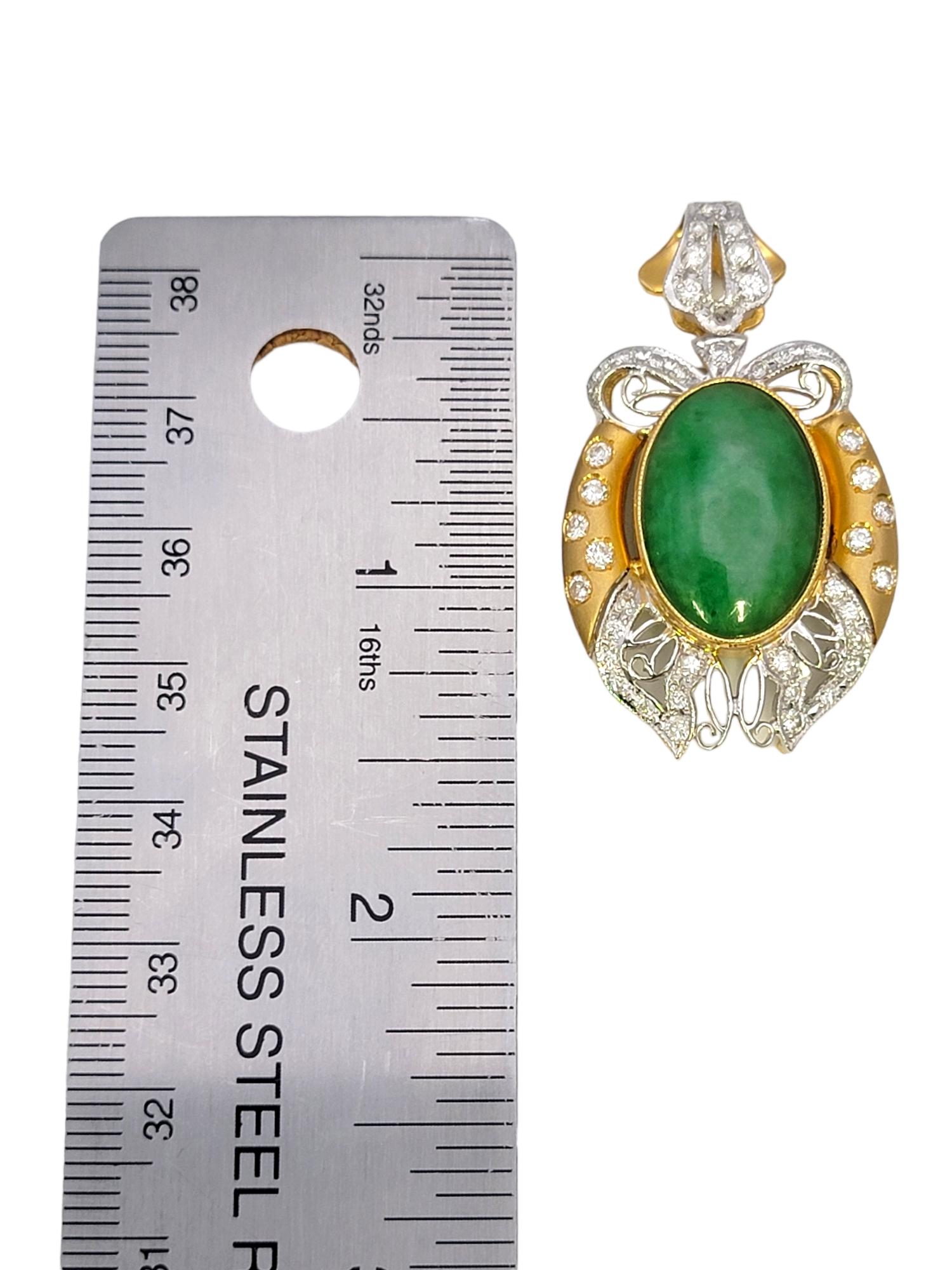 Oval Cabochon Jade and Bow Detail Pave Diamond Pendant in 18 Karat Gold For Sale 3