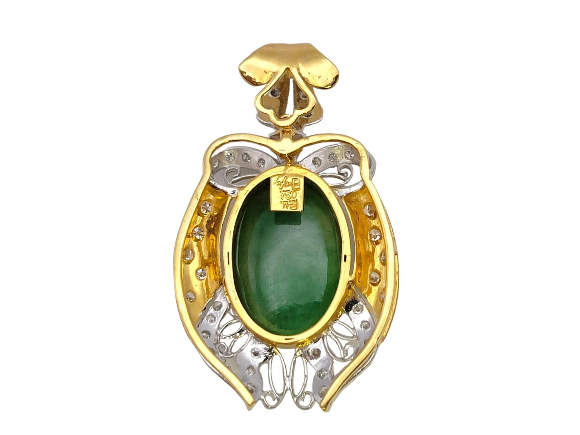 Contemporary Oval Cabochon Jade and Bow Detail Pave Diamond Pendant in 18 Karat Gold For Sale