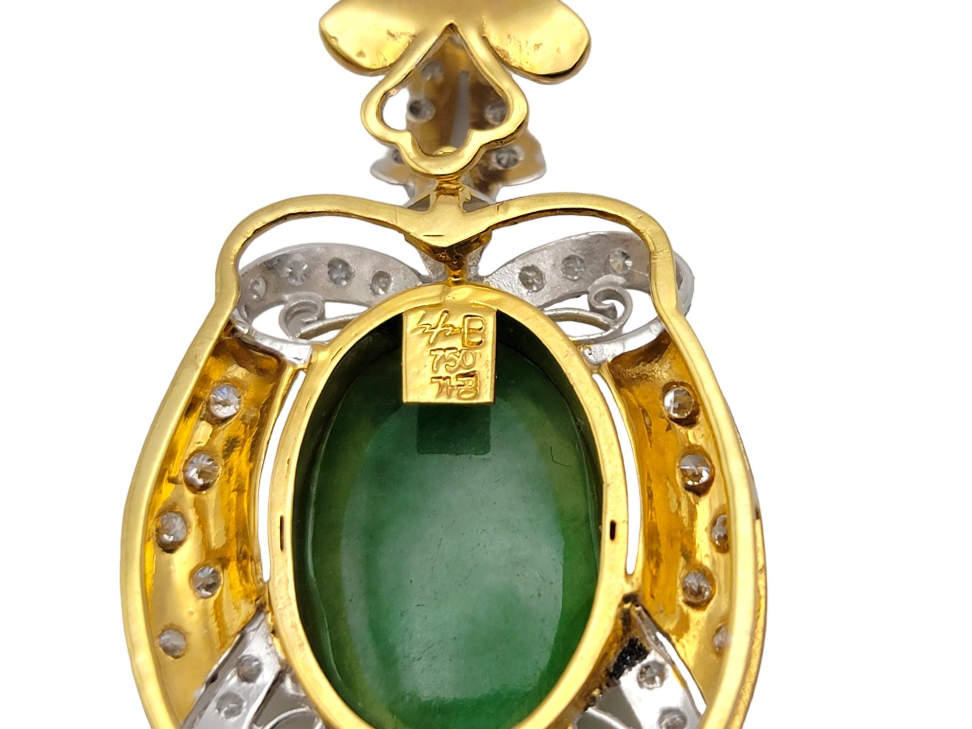 Oval Cut Oval Cabochon Jade and Bow Detail Pave Diamond Pendant in 18 Karat Gold For Sale