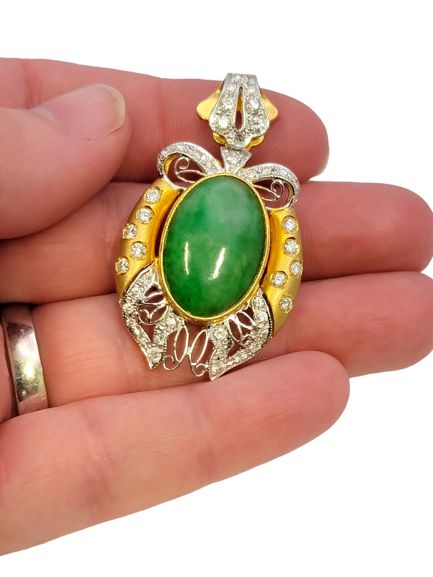 Oval Cabochon Jade and Bow Detail Pave Diamond Pendant in 18 Karat Gold For Sale 1