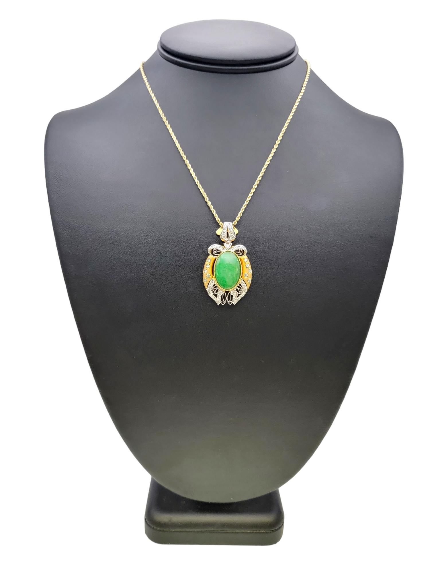 Oval Cabochon Jade and Bow Detail Pave Diamond Pendant in 18 Karat Gold For Sale 2