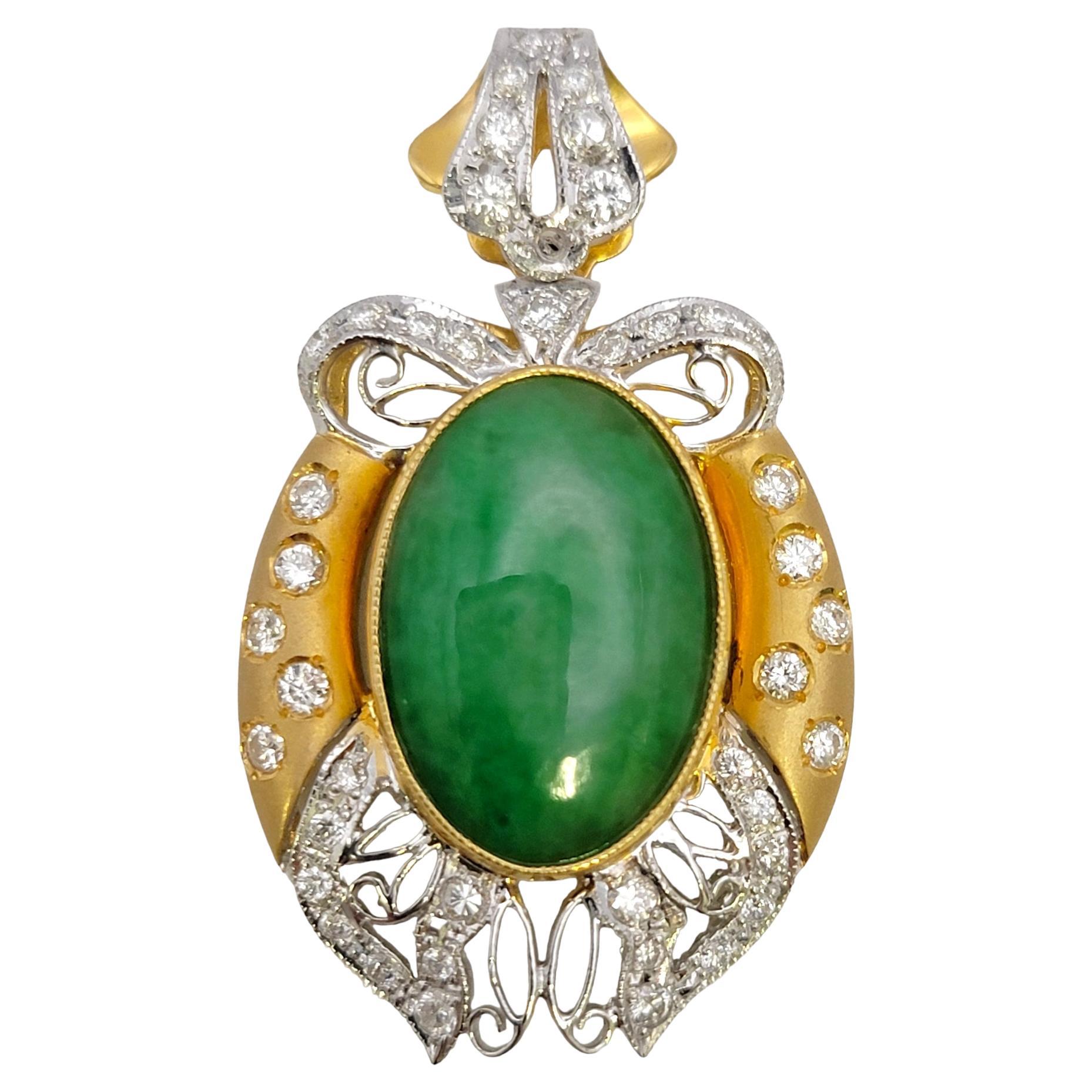 Oval Cabochon Jade and Bow Detail Pave Diamond Pendant in 18 Karat Gold For Sale