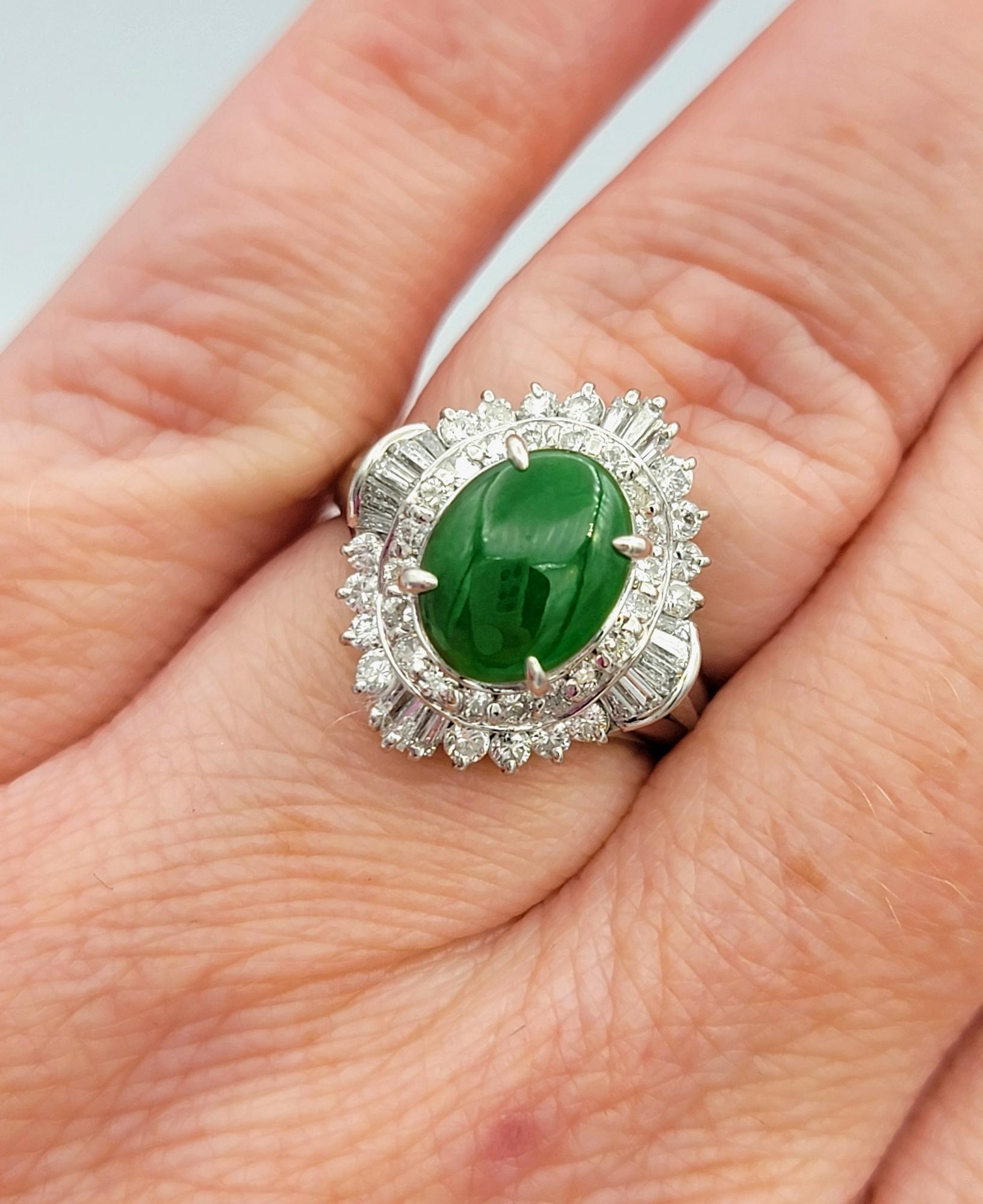 Oval Cabochon Jade and Diamond Halo Cocktail Ring in Polished Platinum For Sale 4