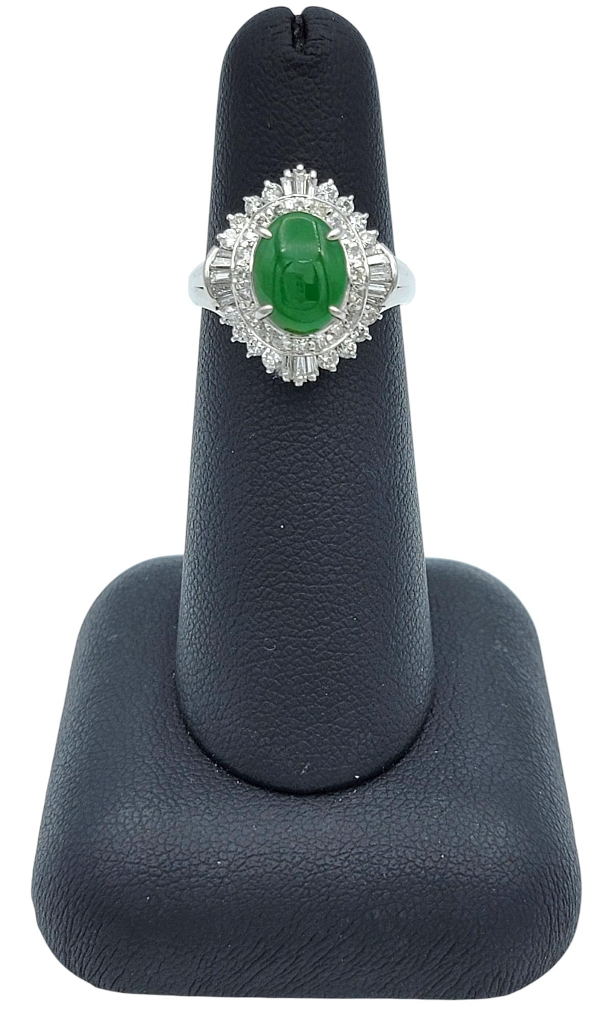 Oval Cabochon Jade and Diamond Halo Cocktail Ring in Polished Platinum For Sale 5