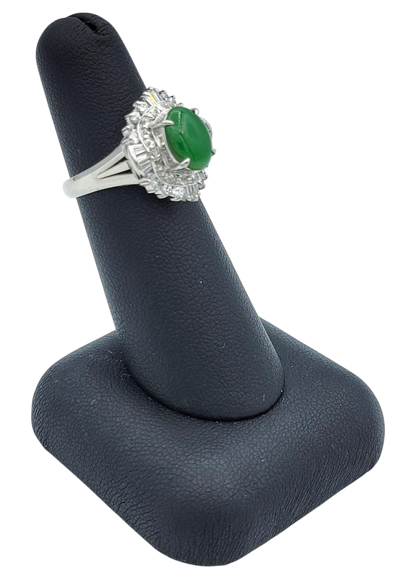 Oval Cabochon Jade and Diamond Halo Cocktail Ring in Polished Platinum For Sale 6