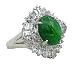 Oval Cabochon Jade and Diamond Halo Cocktail Ring in Polished Platinum