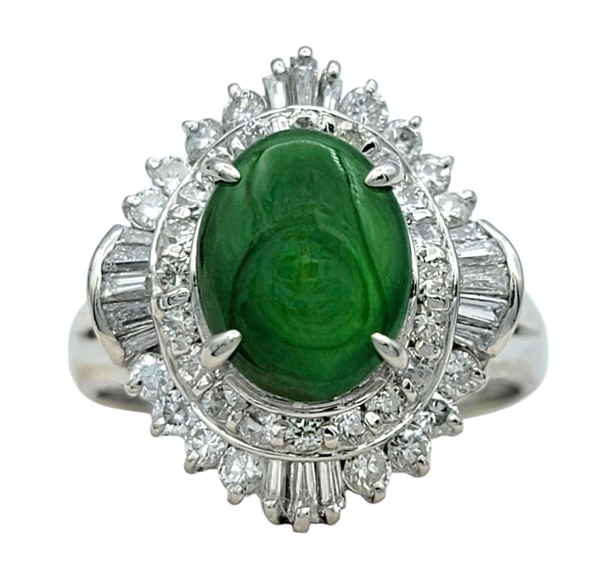Contemporary Oval Cabochon Jade and Diamond Halo Cocktail Ring in Polished Platinum For Sale