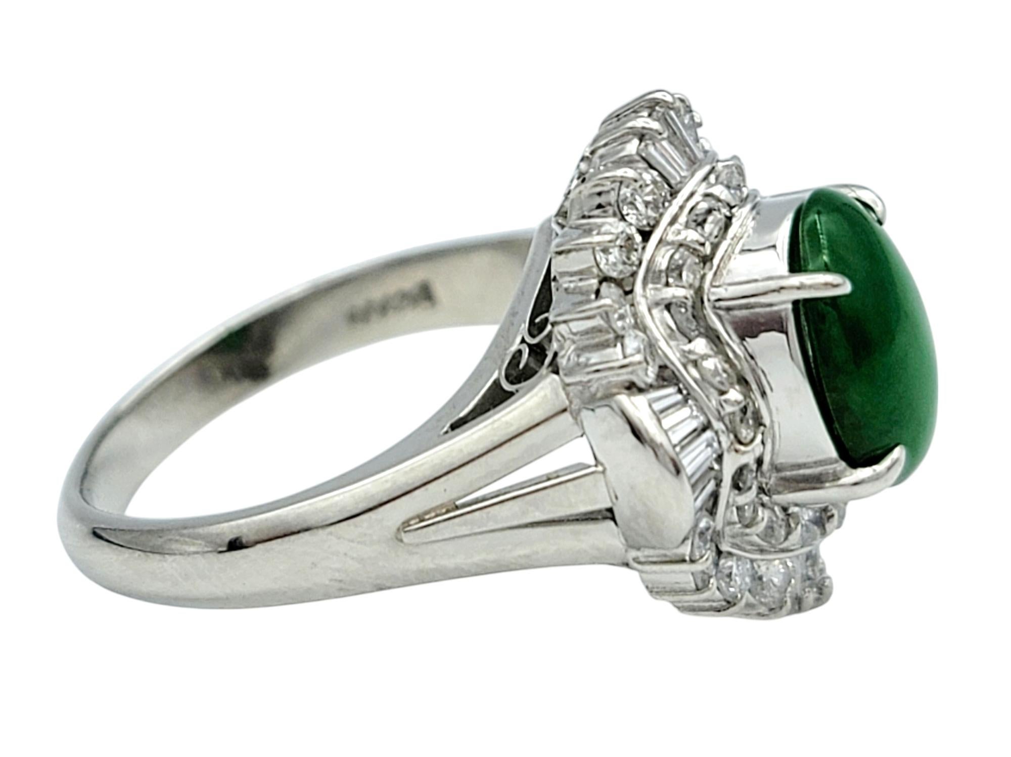 Oval Cut Oval Cabochon Jade and Diamond Halo Cocktail Ring in Polished Platinum For Sale