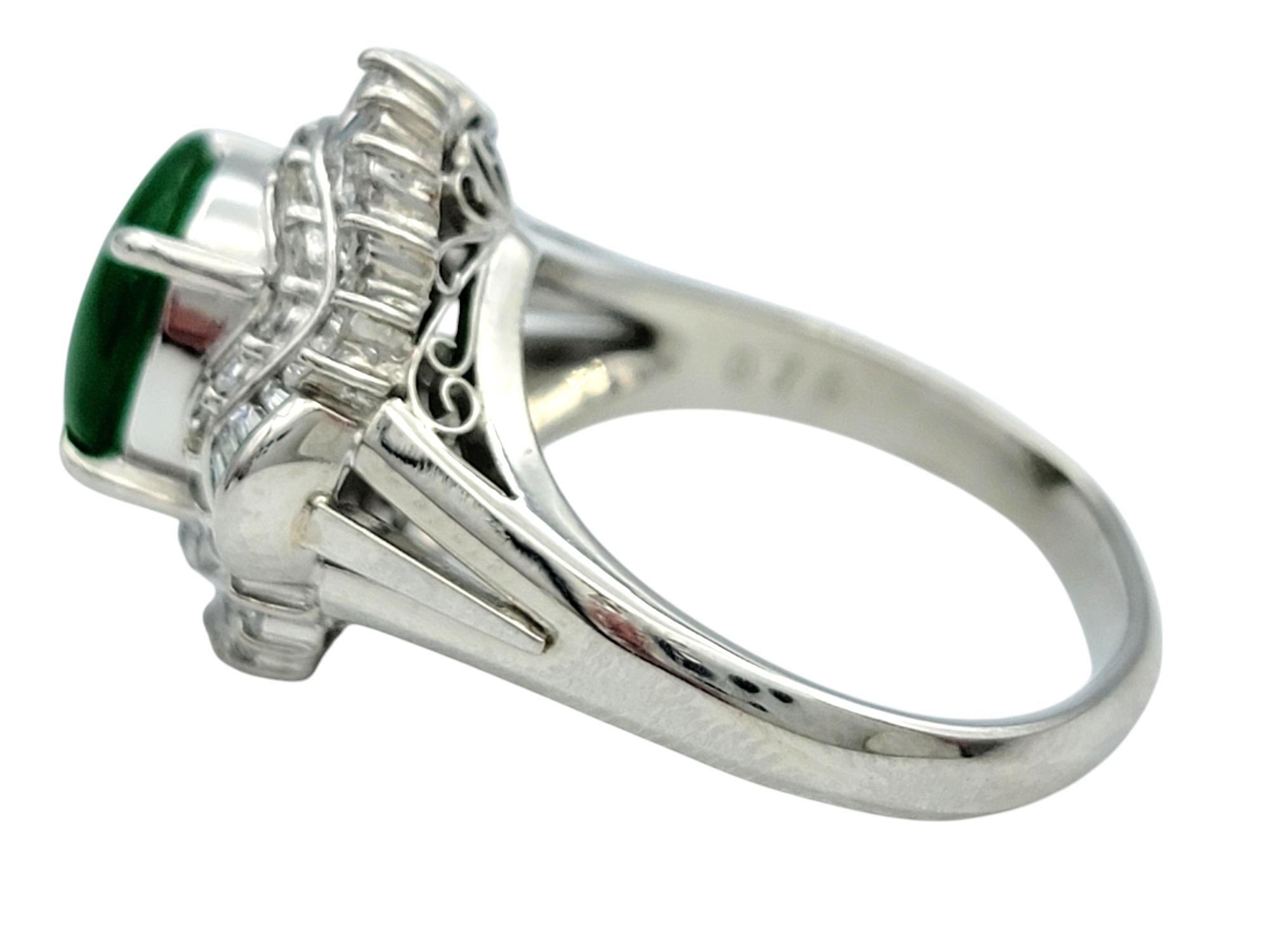 Oval Cabochon Jade and Diamond Halo Cocktail Ring in Polished Platinum In Good Condition For Sale In Scottsdale, AZ