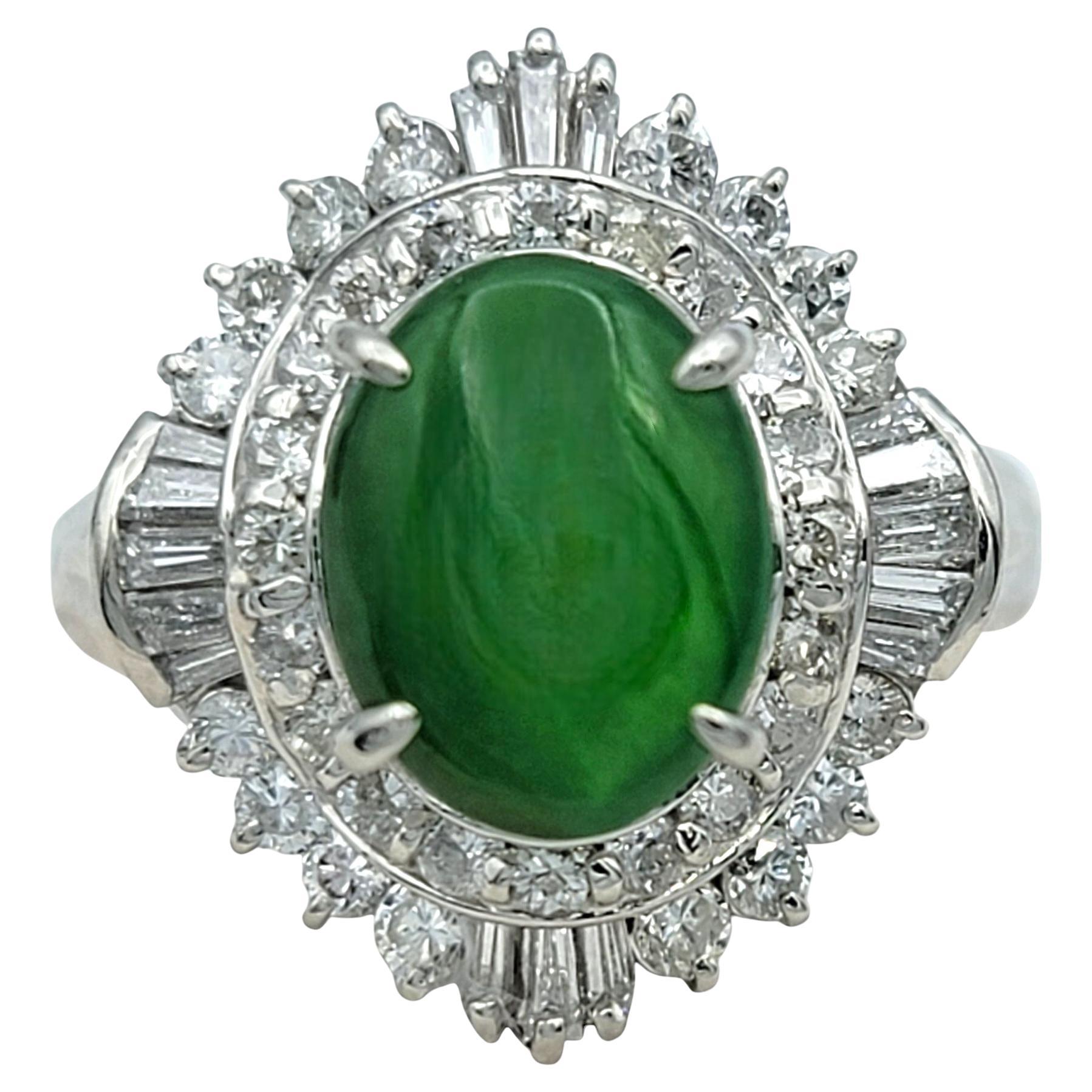 Women's Oval Cabochon Jade and Diamond Halo Cocktail Ring in Polished Platinum For Sale
