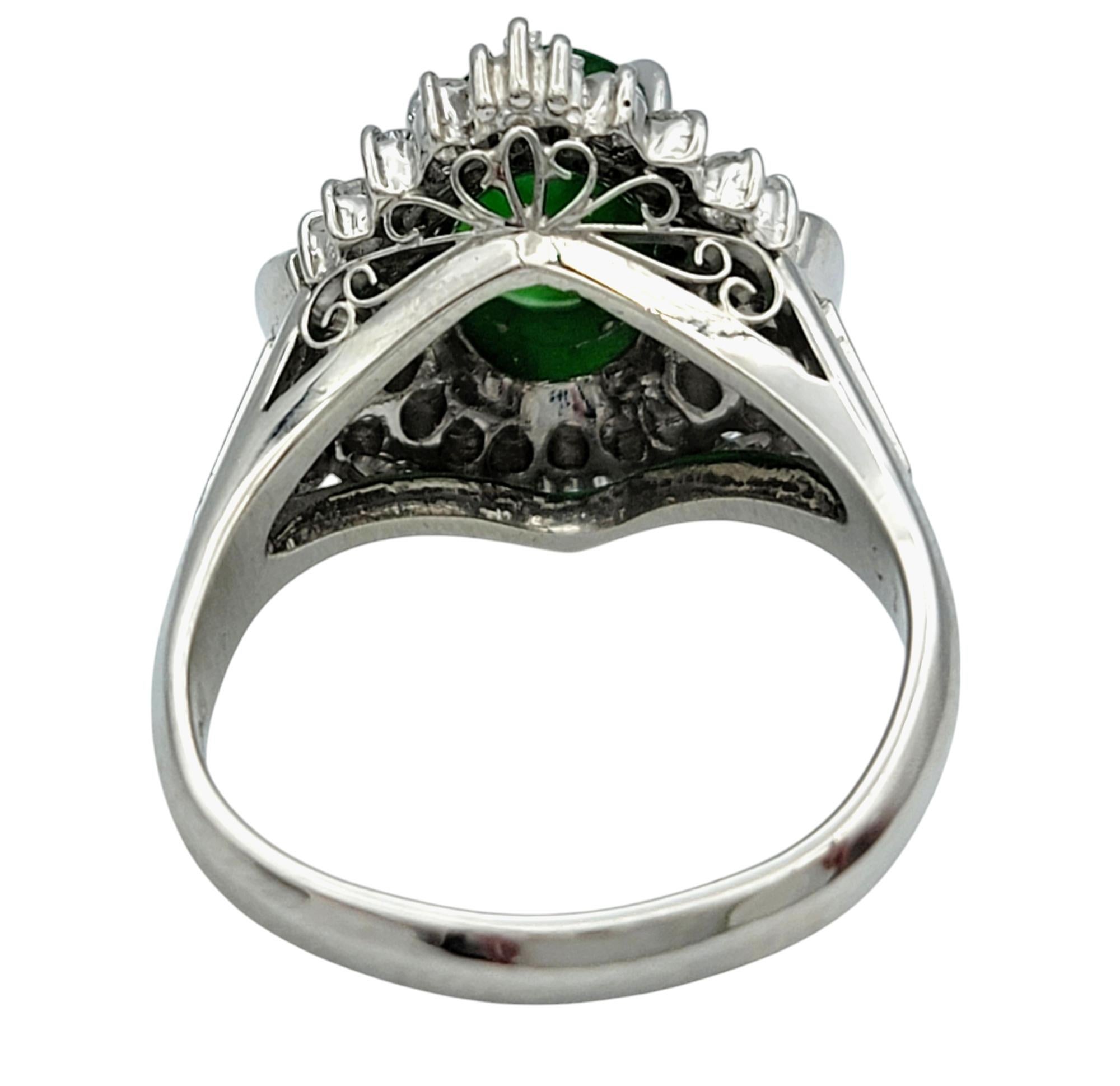 Oval Cabochon Jade and Diamond Halo Cocktail Ring in Polished Platinum For Sale 1