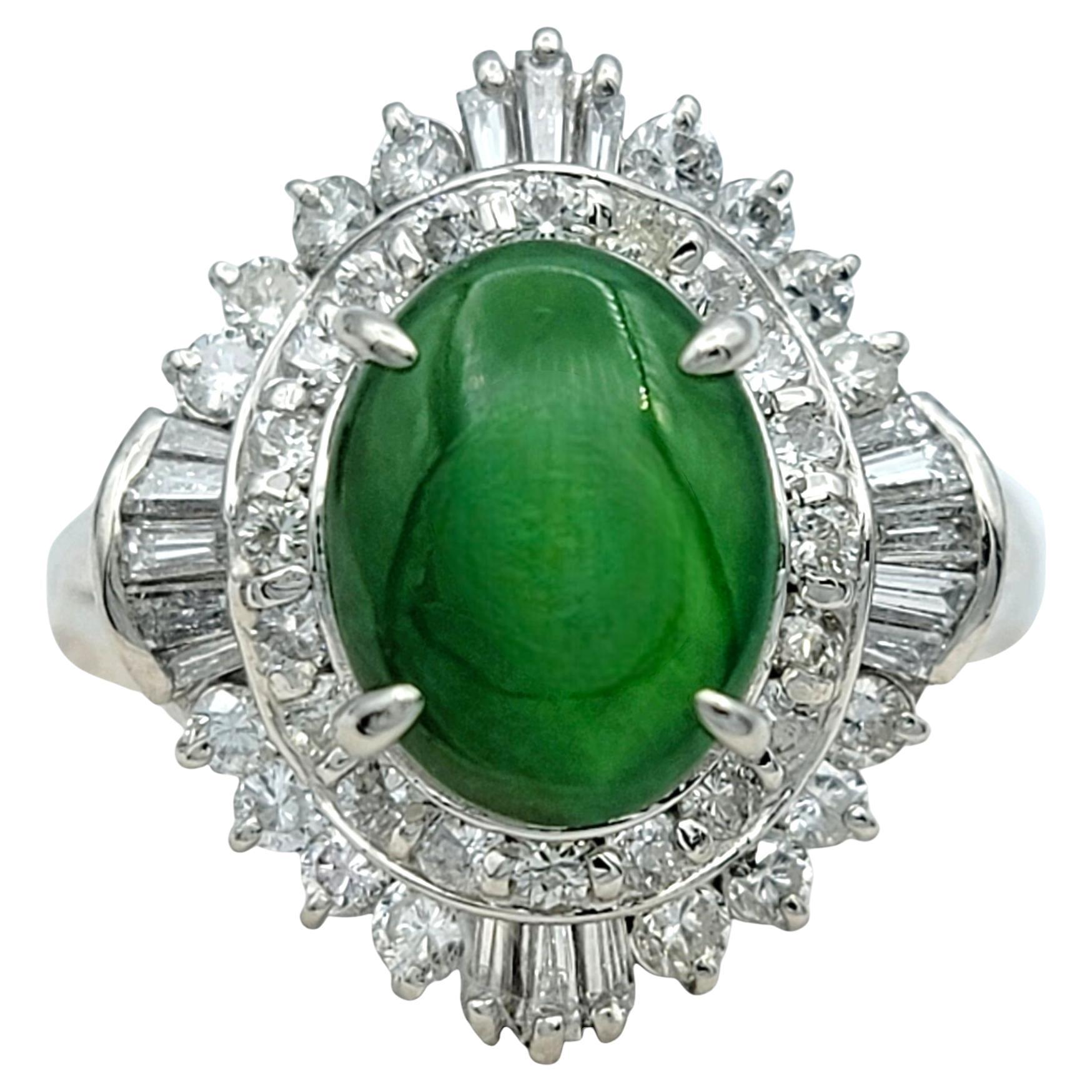 Oval Cabochon Jade and Diamond Halo Cocktail Ring in Polished Platinum For Sale
