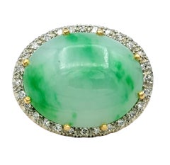 Oval Cabochon Jade and Diamond Halo East West Cocktail Ring 18 Karat Yellow Gold