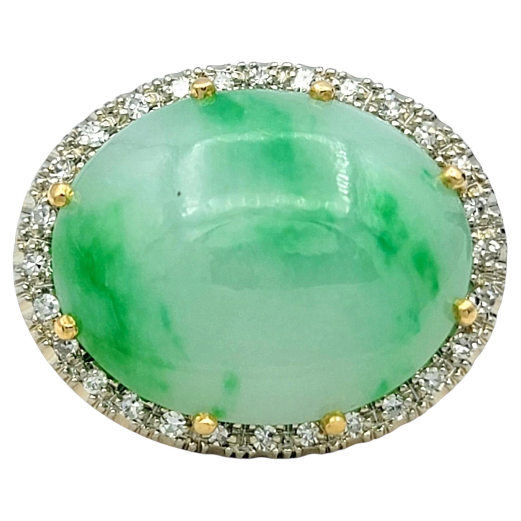 Oval Cabochon Jade and Diamond Halo East West Cocktail Ring 18 Karat Yellow Gold