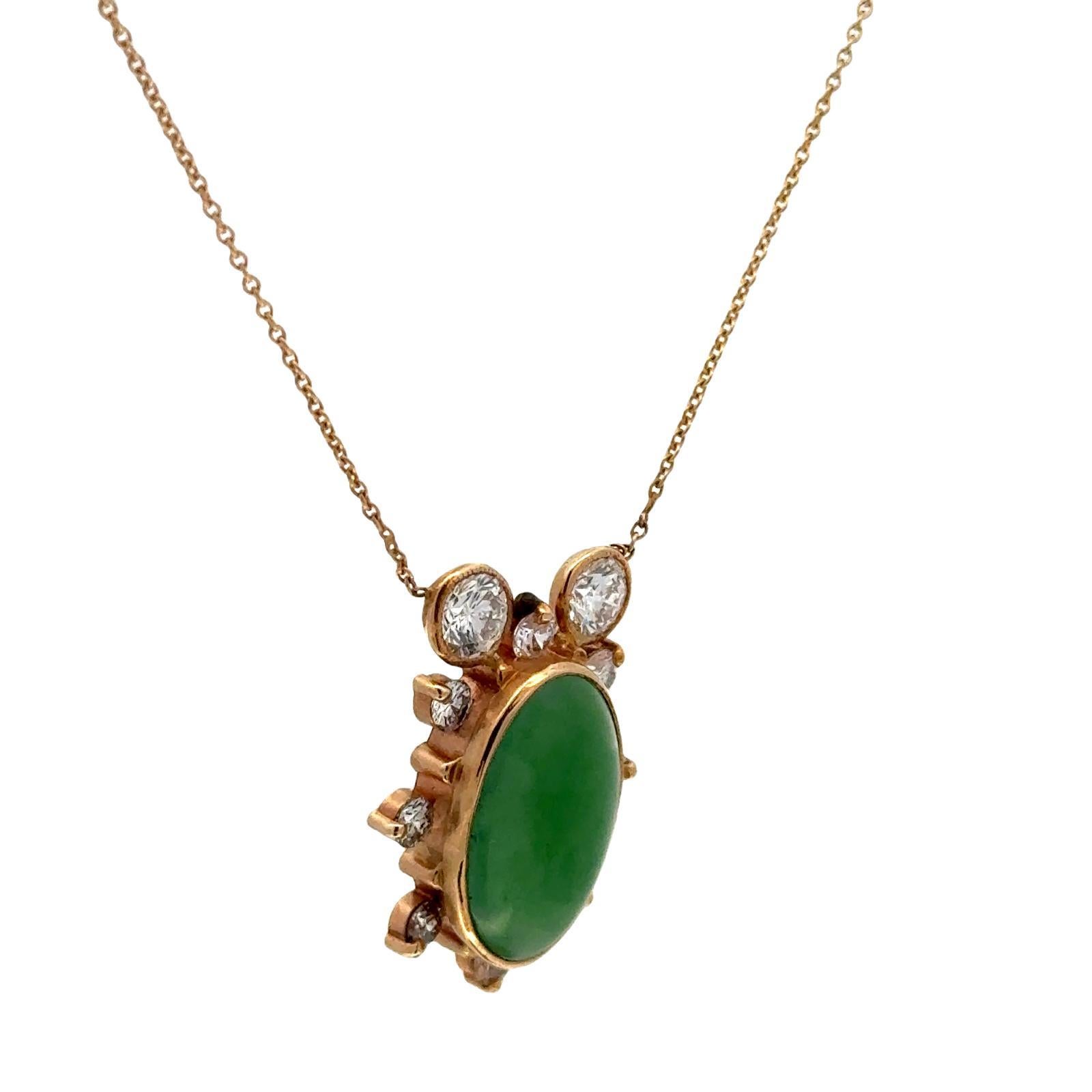 Women's Oval Cabochon Jade Diamond 14 Karat Yellow Gold Contemporary Pendant Necklace