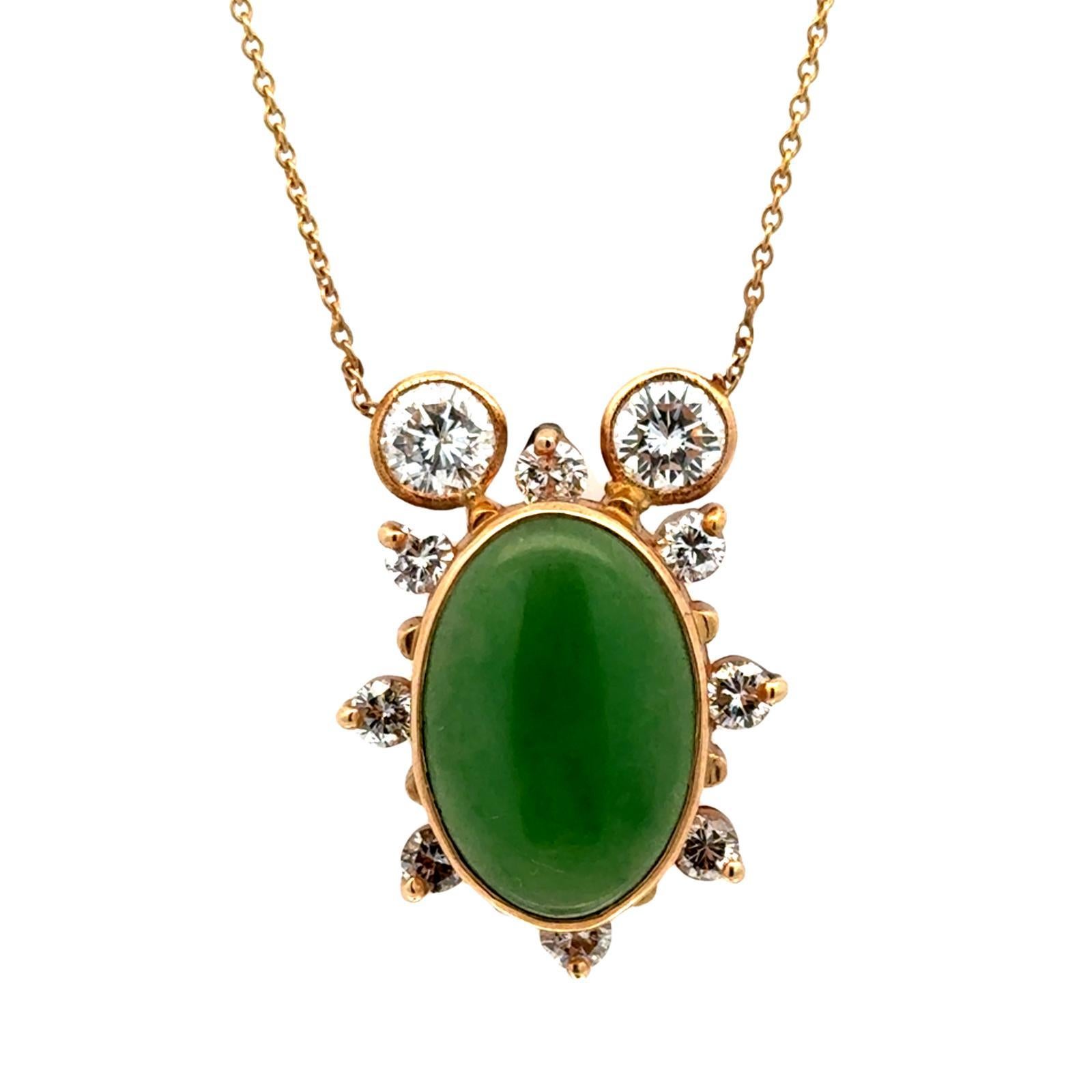 Oval Cabochon Jade Diamond 14 Karat Yellow Gold Contemporary Pendant Necklace 1