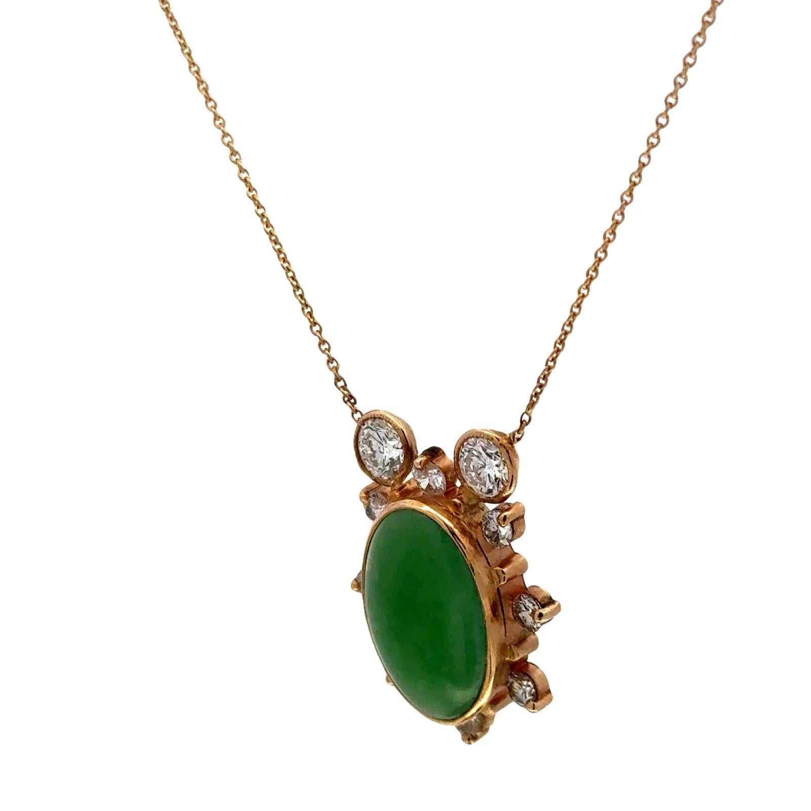 Oval Cabochon Jade Diamond 14 Karat Yellow Gold Contemporary Pendant Necklace 2