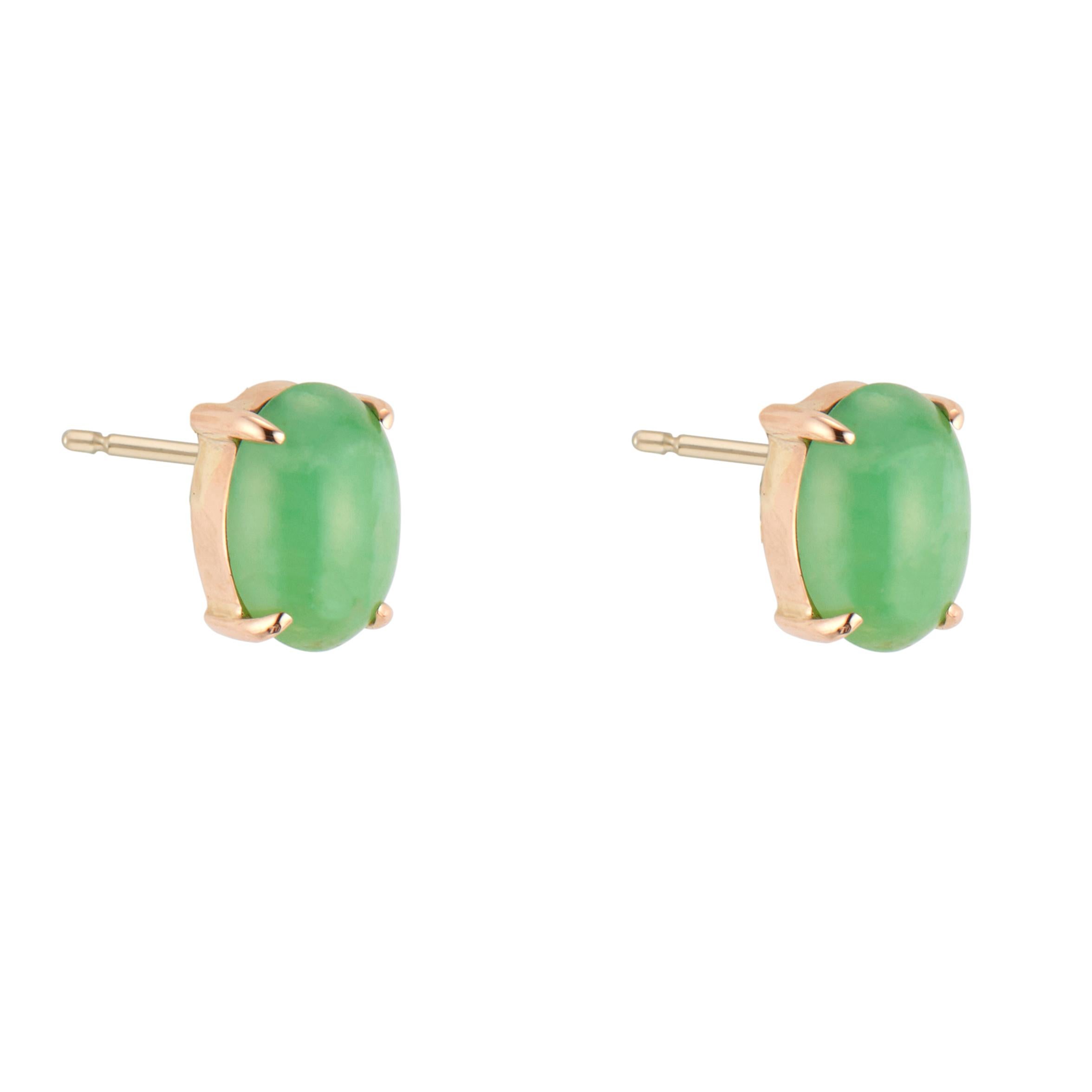Oval Cut Oval Cabochon Jade Yellow Gold Stud Earrings