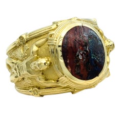 Oval Cabochon Jasper Ornate Hercules Motif Wide Band Ring 18 Karat Yellow Gold