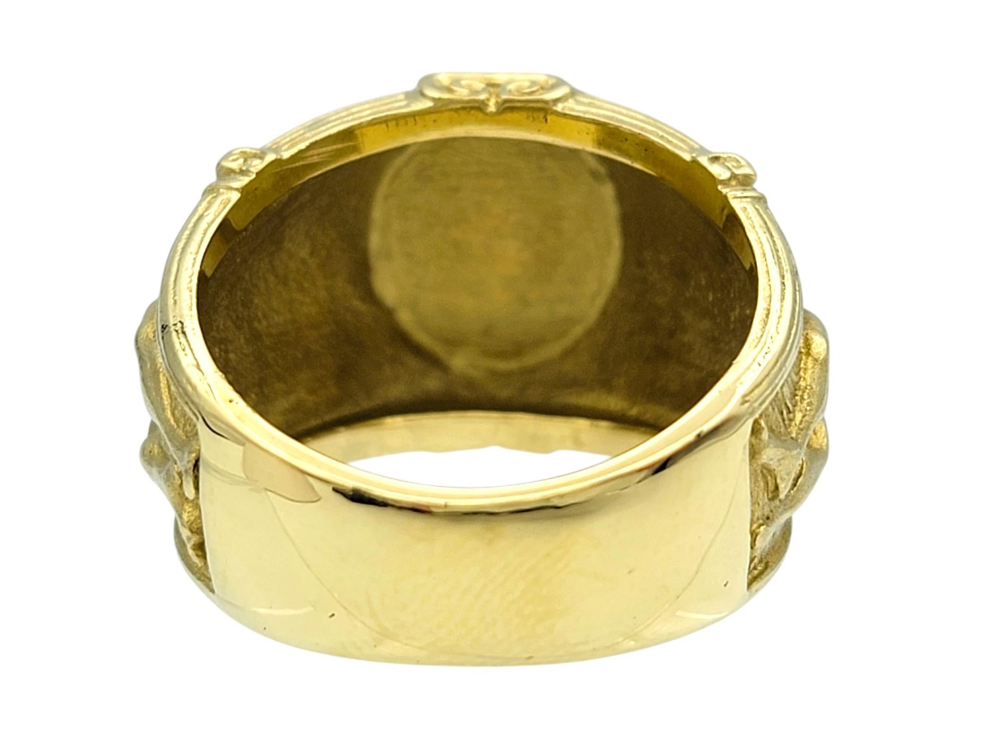 Men's Oval Cabochon Jasper Ornate Hercules Motif Wide Band Ring 18 Karat Yellow Gold For Sale