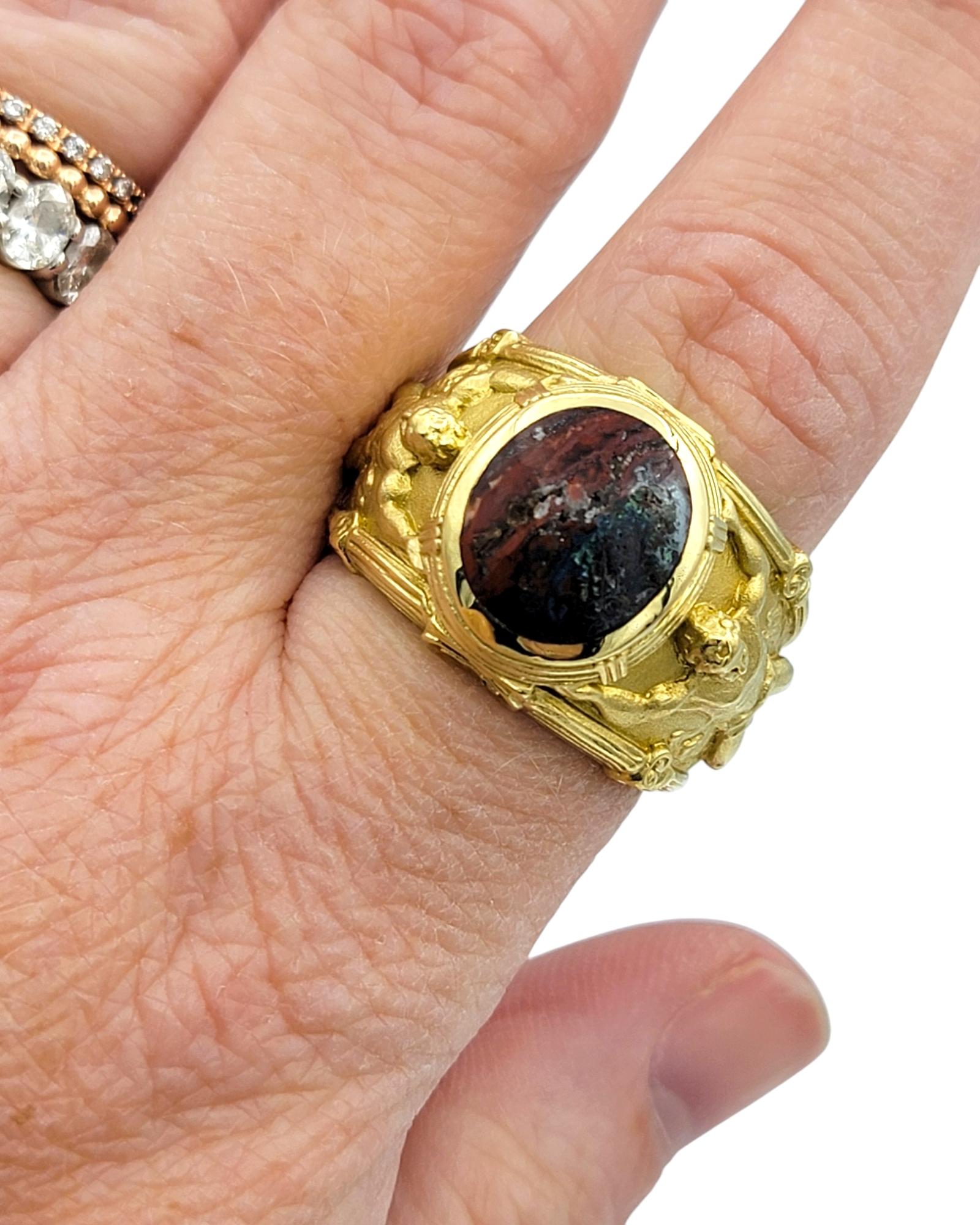 Oval Cabochon Jasper Ornate Hercules Motif Wide Band Ring 18 Karat Yellow Gold For Sale 2