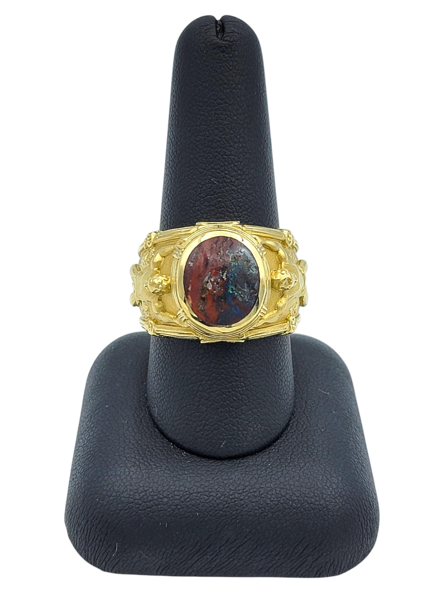 Oval Cabochon Jasper Ornate Hercules Motif Wide Band Ring 18 Karat Yellow Gold For Sale 3