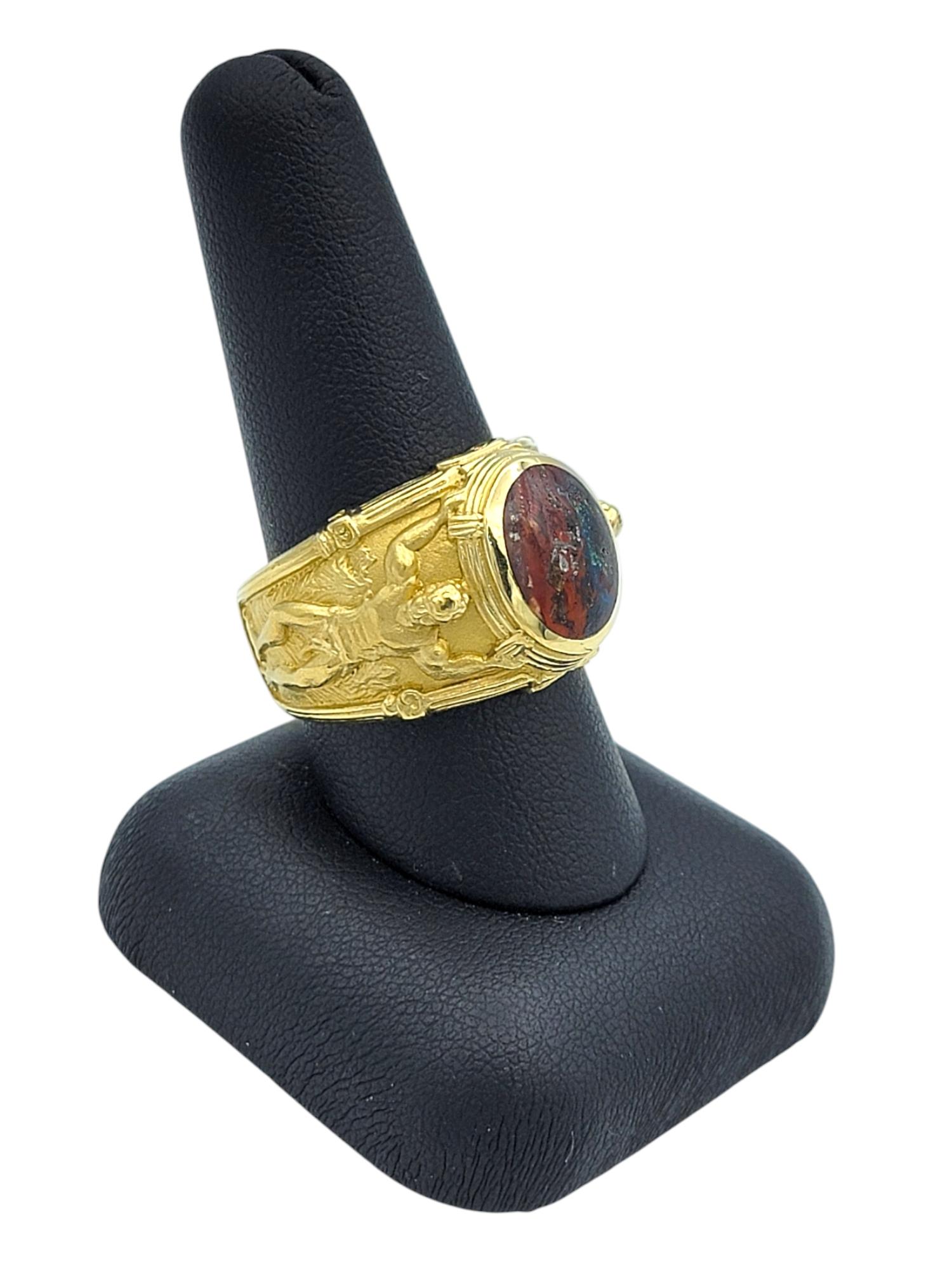 Oval Cabochon Jasper Ornate Hercules Motif Wide Band Ring 18 Karat Yellow Gold For Sale 4