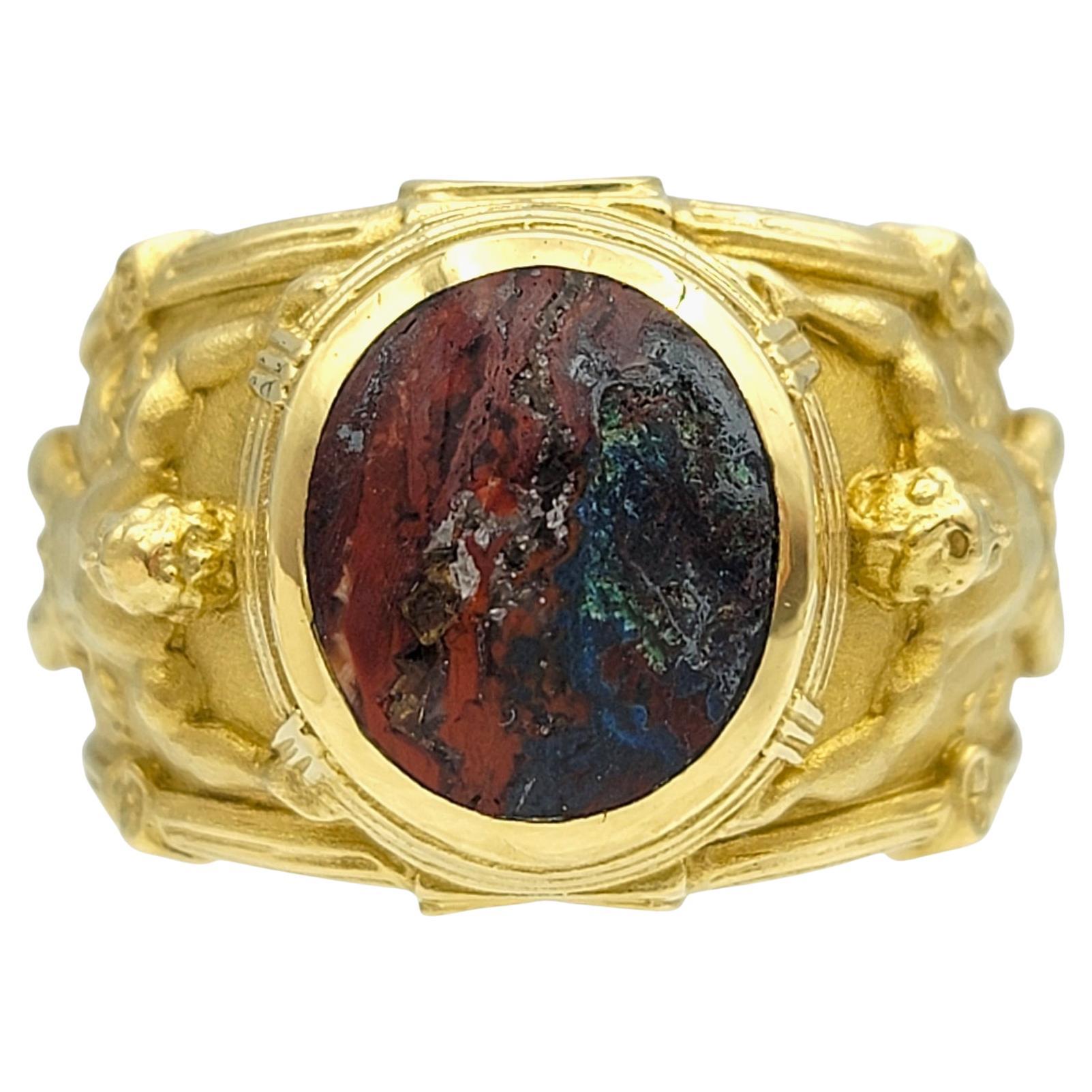Oval Cabochon Jasper Ornate Hercules Motif Wide Band Ring 18 Karat Yellow Gold