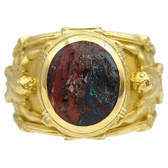 Oval Cabochon Jasper Ornate Hercules Motif Wide Band Ring 18 Karat Yellow Gold