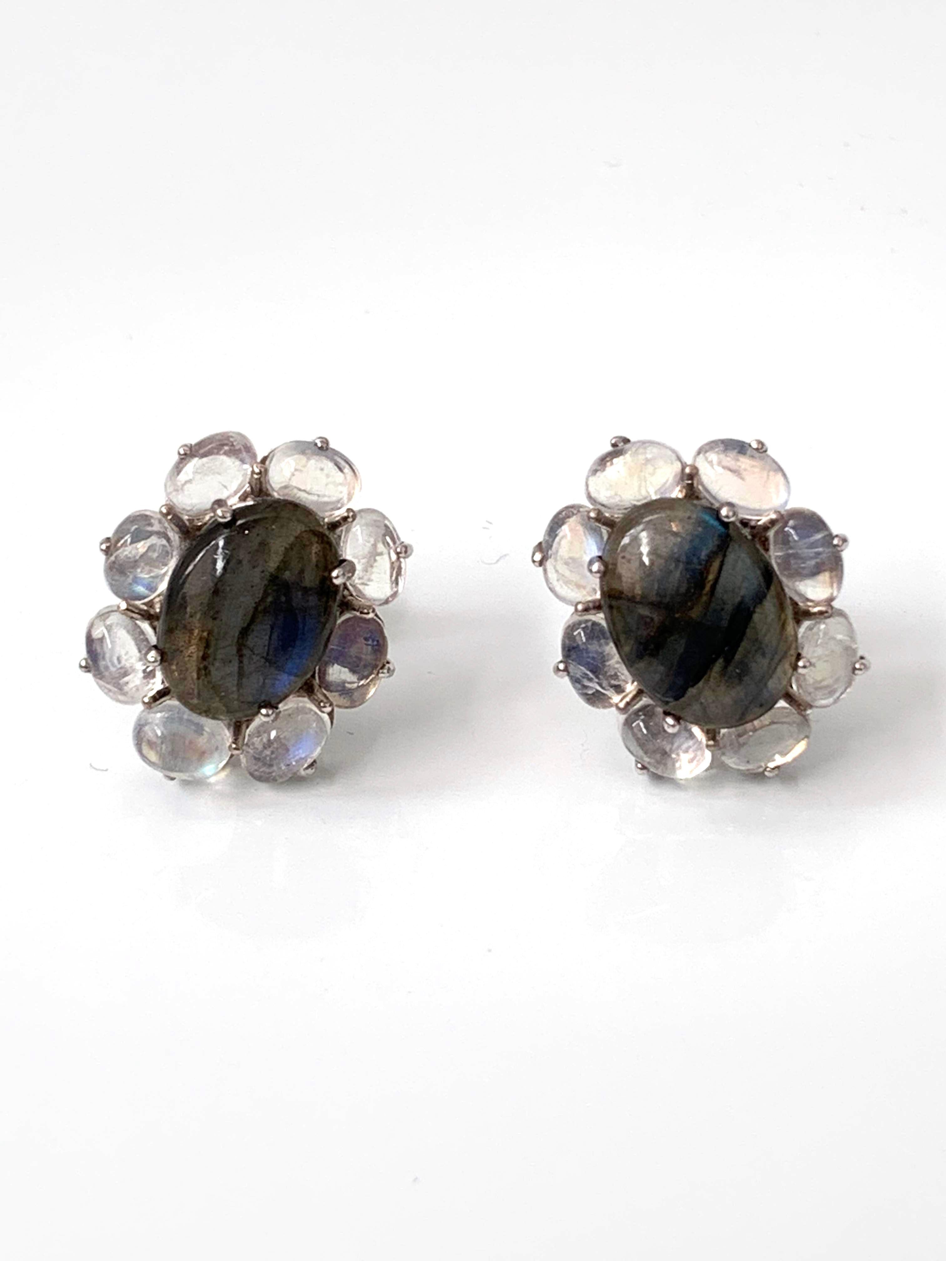 Oval Cabochon Labradorite and Rainbow Moonstone Button Earrings In New Condition In Los Angeles, CA