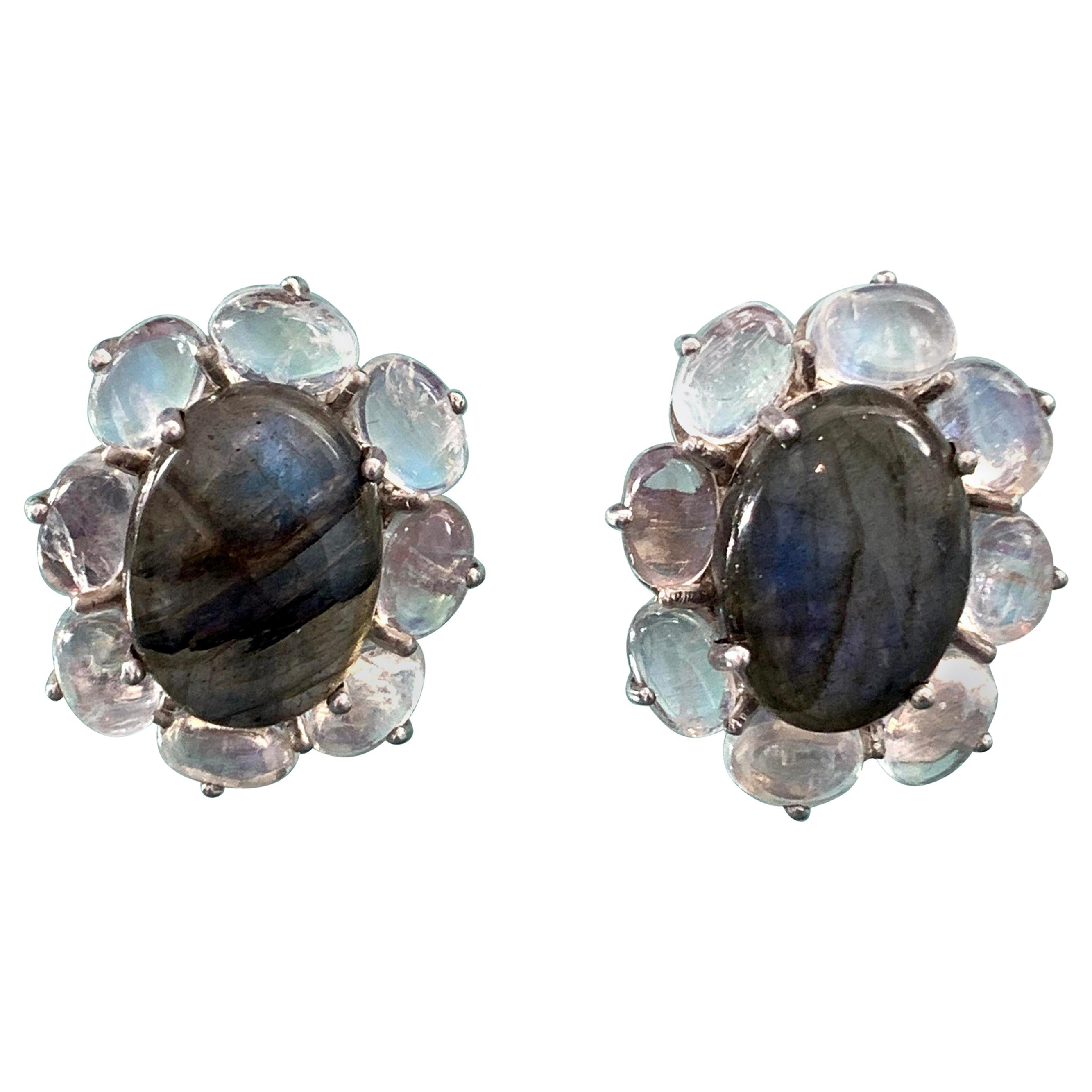 Oval Cabochon Labradorite and Rainbow Moonstone Button Earrings