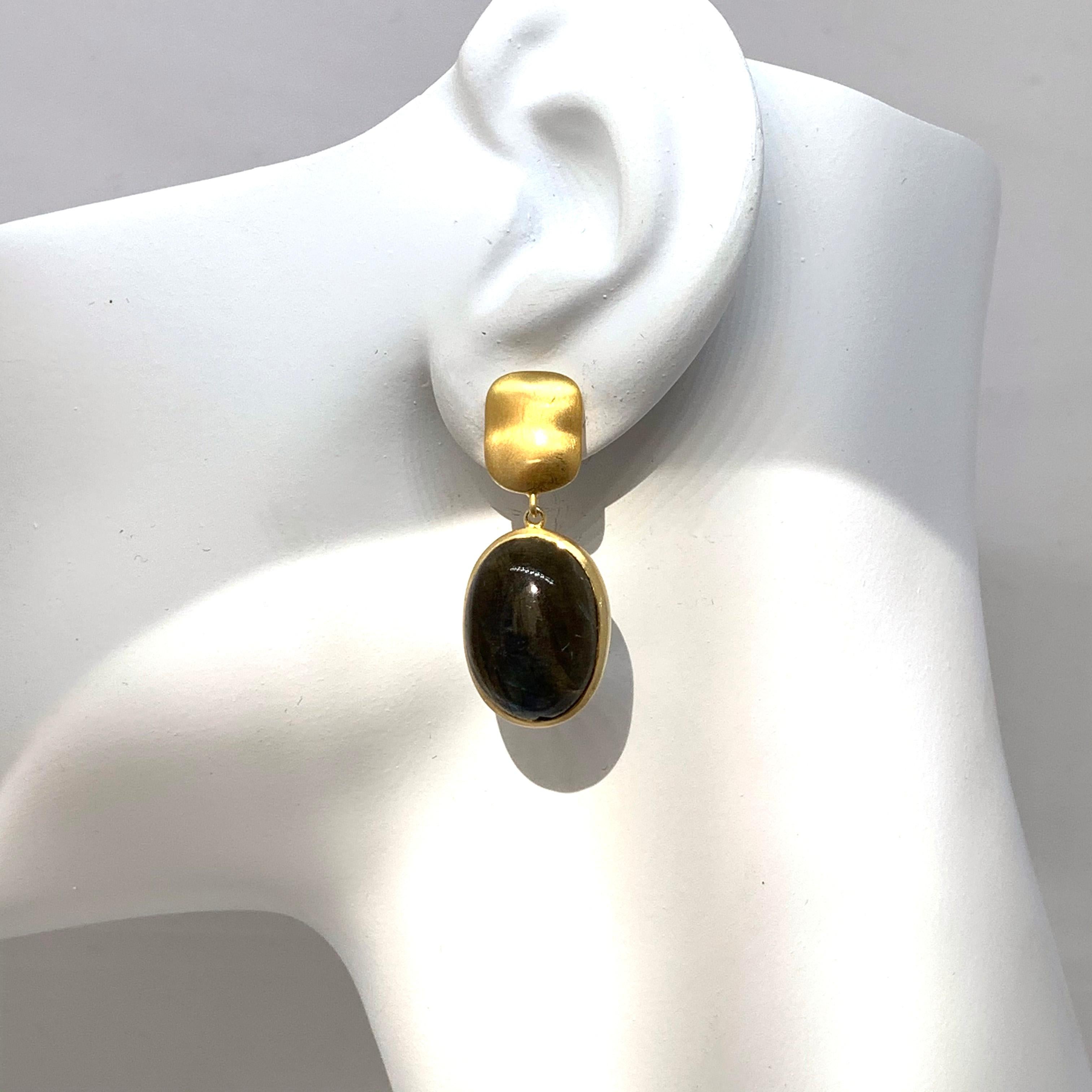 Contemporary Oval Cabochon Labradorite Vermeil Drop Earrings