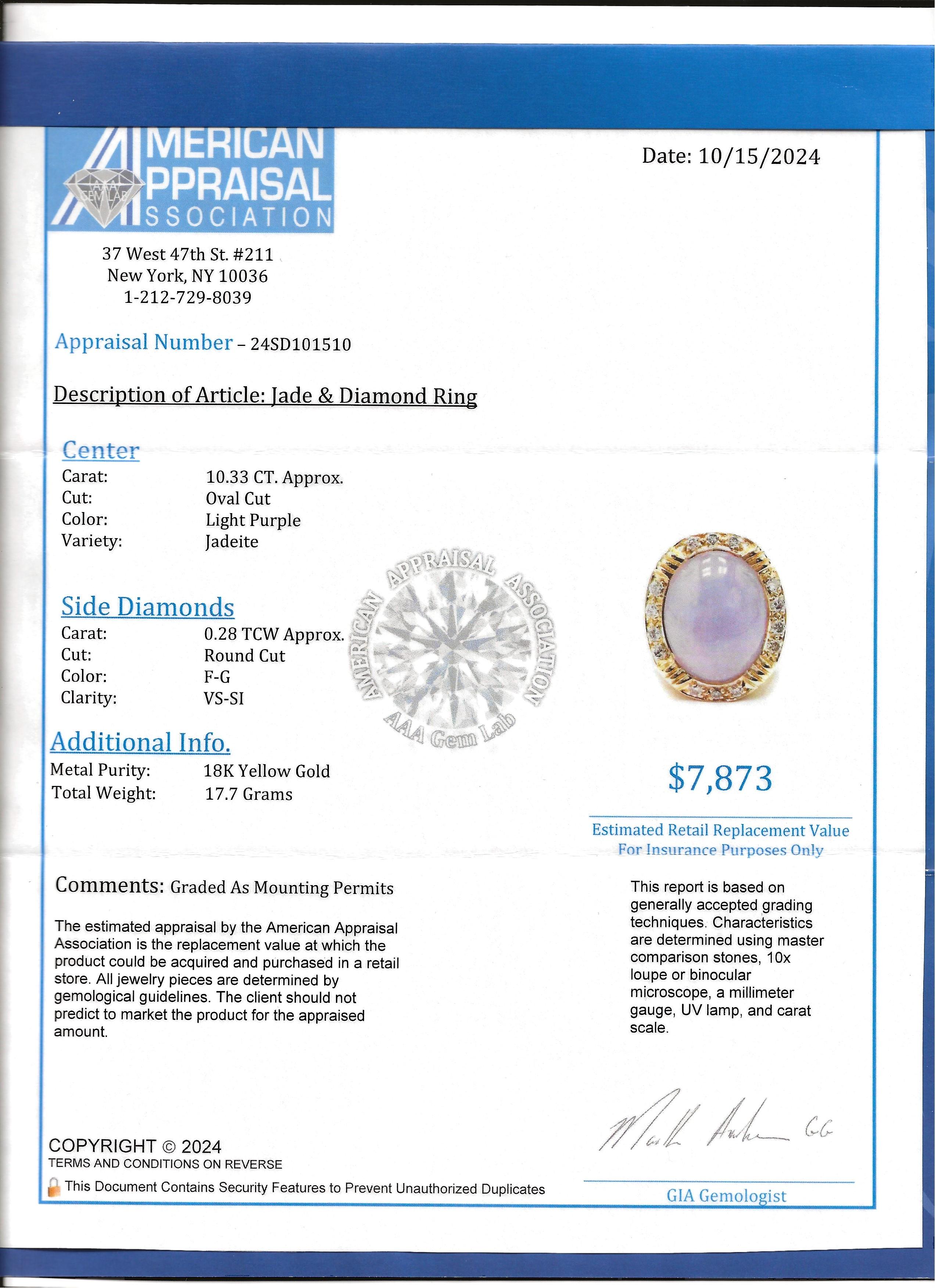 Oval Cabochon Light Purple Jade Cocktail Ring with Diamonds in 18 Karat Gold For Sale 6